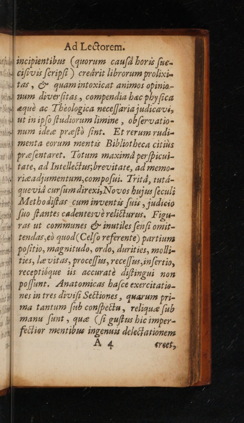 ^a] Ad Lectorem. cifruss [cripfi ) credrit librorum prolixis i 3 ?g ut inip[o [Fadiorum limine , ob[ervatio- num idee pre[ló fint. Et rerumrudi- menta eorum yaentzs Bibliotheca citius relentaret. Totum maximá4 per /picui- v icadjumentumycompo[ui. Tritd, tutá- queviá cur[um direxi.Novos bujus feculs Metbodiftas cum imventss [uis , judicio Jio ffantes cadentesué velitturus, Figu- vat ut. communes e inutiles fenfi omit- tendas ,eü quod( Cel[o referente) partiuna po[itio, magnitudo, ordo, durities, molli ties, lee vitas, proce[[us, vece|[us jin[ertio, veceptióque iis accuratà difhingui 20 po[[unt.| -Anatomicas bace exercitatio- nes in tres drvifi Se£liones , quarum pri- ma tantum [ub con[becin , relique fub manu [unt , que (f gufeus bic mper- feclior mentibus ingenuas dele&amp;lationem À 4 €r6ef,