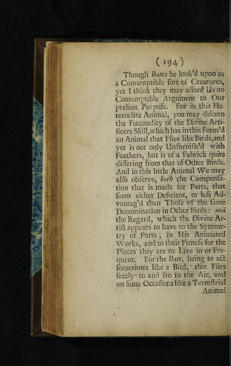 ( *94) Though Batts be look’d upon as a Contemptible fort of Creatures, yet I think they may afford Us no Contemptible Argument to Our prefont Purpofo. For in this He- teroclite Animal, you may difcern the Foecundity of the Divine Arti¬ ficers Skill,which has inthis Form’d an Animal that Flies like Birds,and yet is not only Unfnrnifh’d with Feathers, but is of a Fabrick quite differing from that of Other Birds. And in this little Animal We may alfo obforve, both the Compenla- tion that is made for Parts, that feem either Deficient, or leis Ad¬ vantag’d than Thofo of the fame Denomination in Other Birds : and the Regard, which the Divine Ar- tift appears to have to the Symme¬ try of Parts , in His Animated Works, and to their Fitnefs for the Places they are to Live in or Fre¬ quent. For the Batt, being to a£t fometimes like a Bird, that Flies freely to and fro in the Air, and on fome Occafions like a Terreftrial Animal