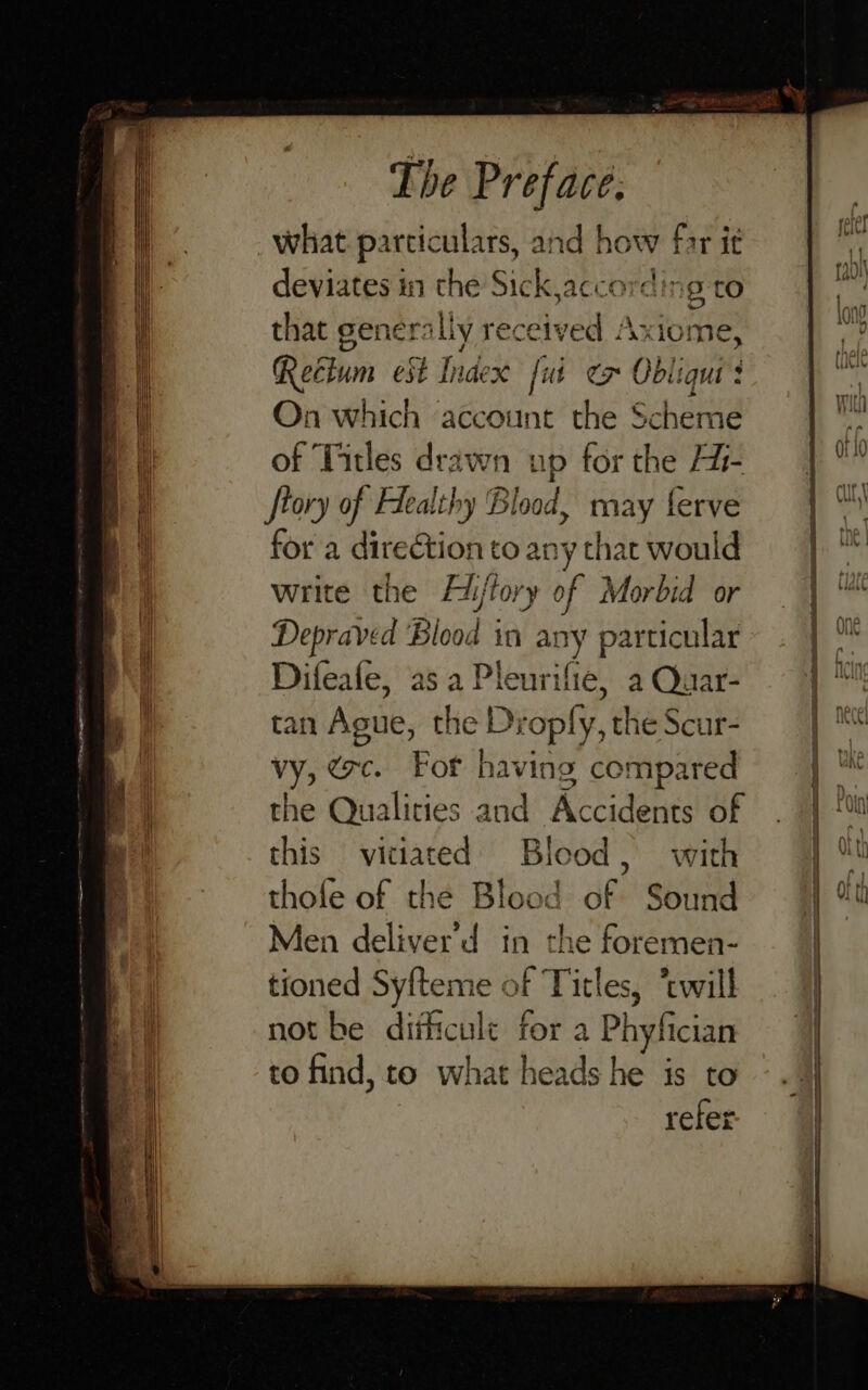 what particulars, and how far ie deviates in the Sick according to that generally received Axiome Reébum est Index fut ex Obligu re On which ‘account the Scheme of Titles drawn up for the Hi tory of Healthy Blood, may ferve for a direction to any that would Write the Ekjtory of Morbid or Depraved Blood in ar iy particular Difeafe, asa Pleurifie, a Quar- tan Ague, the Dropfy, the Scur- vy, ec. Fot having compared the Qualities and Accidents of this viciated Blood, with thofe of the Blood of: Sound Men deliver'd in the foremen- tioned eens of Titles, ‘twill not be difficult for a Phyfician to find, to what heads he is to refer