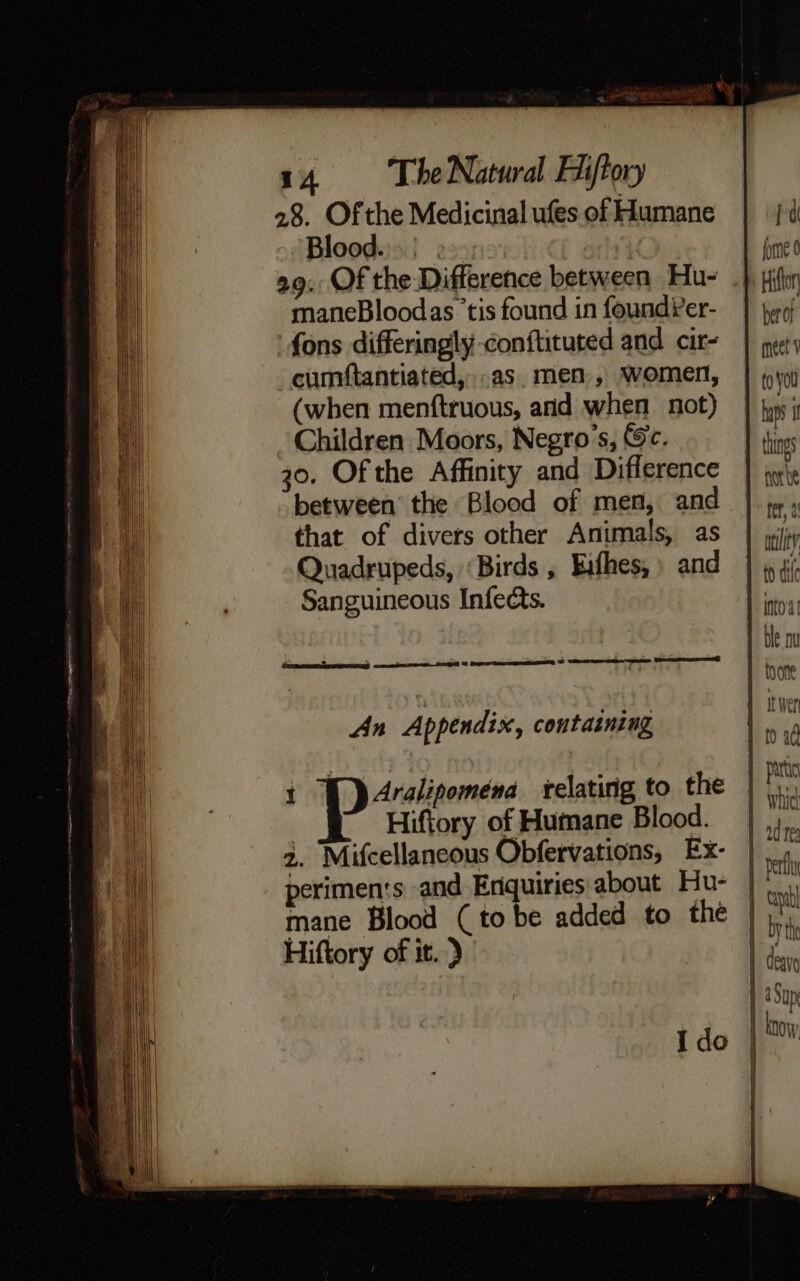 28. Ofthe Medicinal ufes. of Humane Blood.) e>. a9. Of the Difference between Hu- maneBloodas ‘tis found in foundier- fons differingly conftituted and cir- cumftantiated, as, men, women, (when menftruous, and when not) Children Moors, Negro’s, &amp;c. 30. Of the Affinity and Difference between’ the Blood of men, and that of divers other Animals, as Quadrupeds, ‘Birds , Exfhes,» and Sanguineous Infects. a S weewme nas WES ee CTL CUED An Appendix, containing t ) Aralipomena ‘elatirig to the | Hiftory of Humane Blood. 2. Mifcellancous Obfervations, Ex- periments and Ecquitits about Hvu- mane Blood (to be added to the Hiftory of it.) Ido [de fomne 0 ber of to you haps things qr be belt into’a toon 1 itwer | to ad partis | Wwhid a0 res Perf tbl ue deavg aSup know