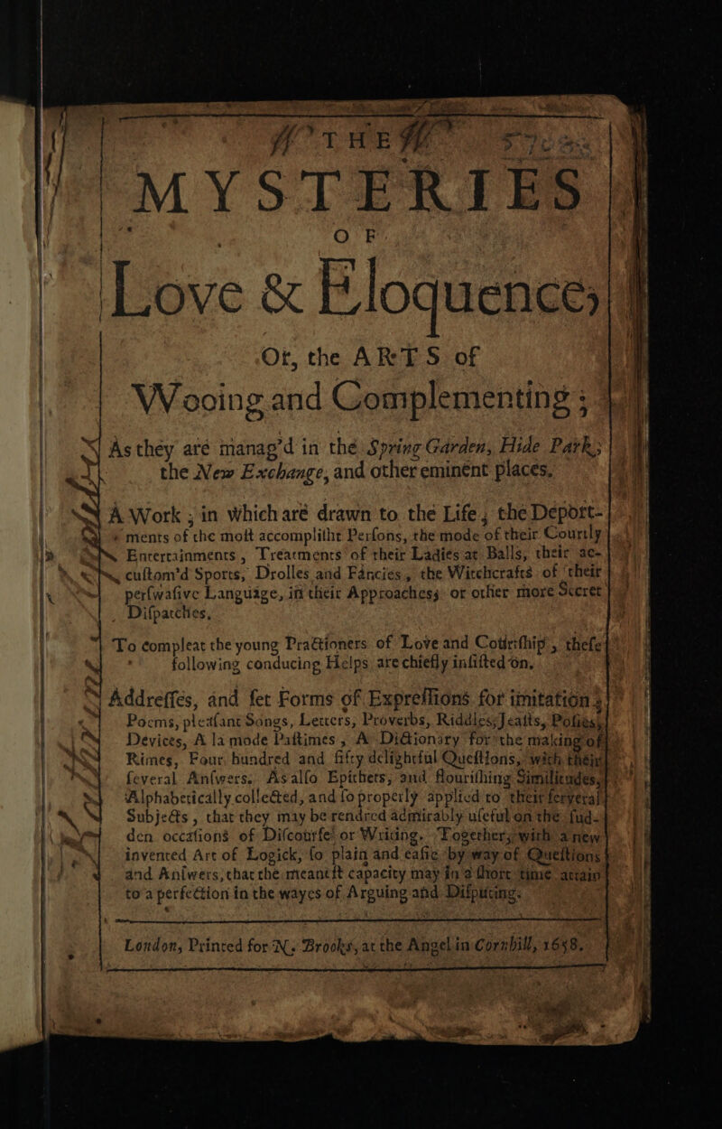 Se: bn Ih MYSTERIES | Yeates ie | | Love &amp; Eloquence; Or, the ARTS of Wooing and Complementing ; eo”? a As they aré manag’d in the Spring Garden, Hide Park; eye the New Exchange, and other eminent places, A Work ; in which aré drawn to the Life ; the Deport- ments of the moft accomplitht Perfons, the mode of their Courtly : Entertainments, Trearmenrs of their Ladies at Balls, their ac- &lt;P, cultom’d Sports, Drolles and Fancies, the Witchcrafes of ‘their per(wafive Language, itt their Approachess or orher more occret Difpaccties, To ¢compleat the young Pra&amp;toners of Love and Cotrithip:, thefet ’ ' following conducing Helps arechieflyinfittedon, “S Addreffes, and fet Forms of Expreflions for imitation 3 | Pocms, pleafant Songs, Leuers, Proverbs, Riddles; Jeatts, Pofies, Devices, A la mode Paftimes , A DiGionary for the making of Rimes, Four, hundred and fifty delightful Queftions, with then) feveral An(wers. Asalfo Epicthets; and flourithing Similicudes, ‘Alphabetically colle&amp;@ed, and fo properly applicd ro their feryeral Subje@s , thar they may be rendred admirably ufleful on the fud.} “| den. occafions of Difcourfe: or Writing. “Togerher;with anew invented Art of Logick, fo plain and eafie ‘by way of Queitions and Aniwers;thac che meancit capacity may in 2 fhore time acrain } to’a perfeGtion in the wayes of Arguing ahd Difputing. — ! ed London, Printed for N; Brooks, at the Angel in Cornhill, 1658. = { poe a) : ae bi vin a