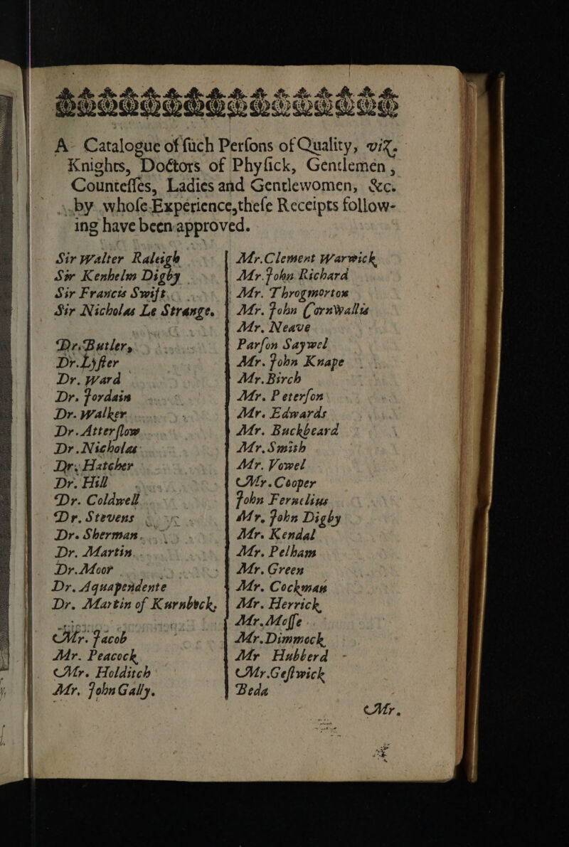 lo ahh 8t- hin. Sy oP. he PSUGSOGLOS A Catalogue of ich Perfons of Quality, viz, | Knights, ‘Doétors of Phyfick, Gentlemen , Counteffes, Ladies and Gentlewomen, &amp;c. by whole Experience,thefe Receipts follow- ing have been approved. | Mr.Clement Warwick Bee Pieters Ly fer ig ‘Ward Dr. Fordain Dr. Walker... Dr. Atter flow Dr .Nicholas: Dr. Hatcher Dr. Hil Dr. Coldwell Dr. Stevens . Dr. Sherman. Dr. Martin. . 1. Dr. Moor Dr. Agquapendente ) Dr. Martin of K es HE: Jacob Mr. Peacock (Mr. Holditch Mr, fohnGally. Mr. john Richard Mr, Neave Parfon Saywel Myr. Birch Mr. P eterfon Mr. Edwards Mr. Buckbeard Mr. Smith Mr, Vowel (Mr. Cooper john Feruelius Mr, John Dighy Mr. Kendal Myr. Pelham Mr. Green Mr. Cockman Mr. Herrick Mr. Moffe Mr. Dimmeck Mr Hubterd CMr.G efiwick Beda