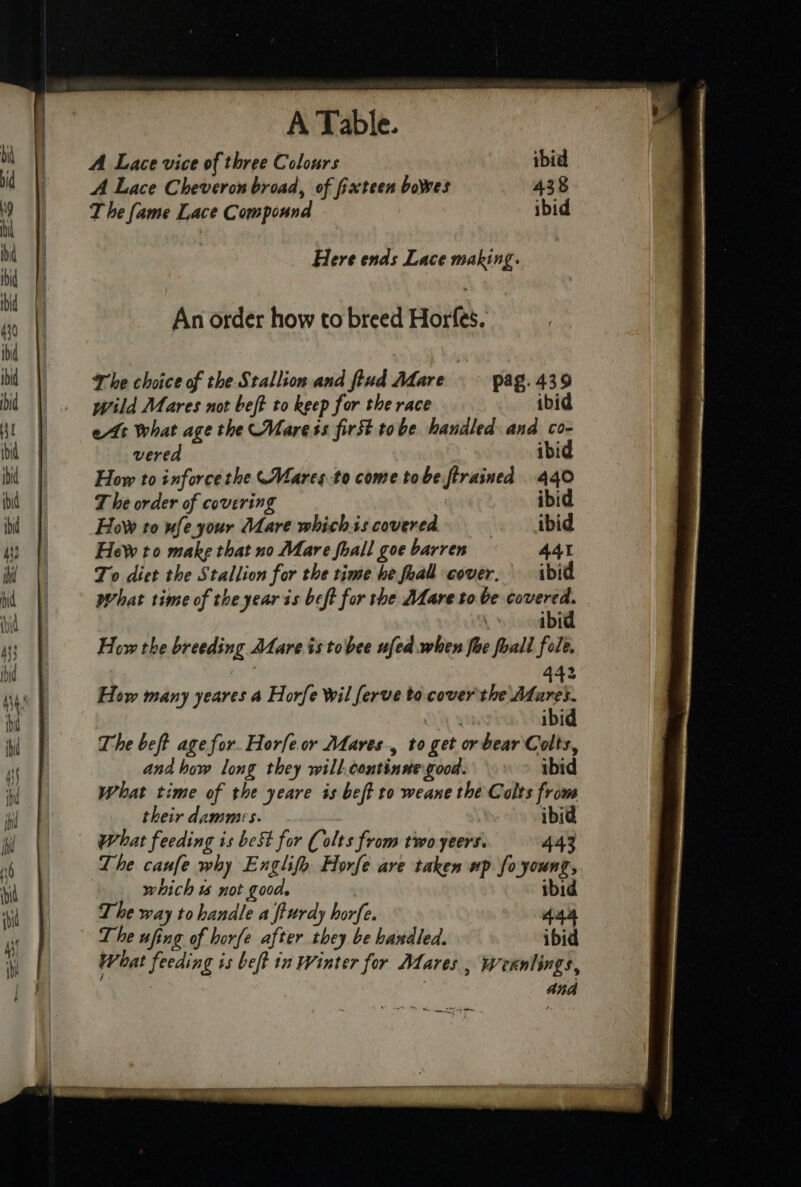A Lace vice of three Colours ibid A Lace Cheveron broad, of fixteen bowes 438 T he fame Lace Compound ibid Here ends Lace making. An order how to breed Horfes. The choice of the Stallion and ftud Adare | pag. 439 wild Mares not beft to keep for the race : ibid et What age the Mare ss first tobe handled and co- vered ibi How to inforce the Mares to come tobe strained 440 T he order of covering ibid How to ufe your Mare whichis covered ibid Hew to make that no Mare foall goe barren 441 To diet the Stallion for the time be foal cover. ibid what time of the year is beft for the Mare tobe covered. | ibid How the breeding Atare is tobee ufed.when foe foall fole, : 442 How many yeares a Horfe Wil ferve to cover the Adare’. ys ibid The beft age for. Horfe or Mares, to get or bear Colts, and how long they will.continne good. ibid What time of the yeare is beft to weane the Colts from their dammes. ibid What feeding is beSt for Colts from two yeers. 443 The caufe why Englifh Horfe are taken wp fo young, which not go0d. ibid The way to handle a fturdy horfe. 444 The ufing of horfe after they be handled. ibid What feeding is beft in Winter for Mares , Wennlings, ) ana