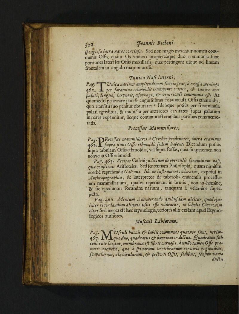 22 t^oannis Riohnf jpongiofa intra naresconclufia. Sed non magis merentur nomen com¬ munis Offis, quam Os vomer: proptercaque duo communia funt portiones laterales Offis maxillaris, quge pertingunt ulque ad lineam frontalem in angulo majore oculi. *Tunica Na fi Interni. Pag» * | A Unica narium amplitudinem [accingens,d crajfa meninge 460. JL per foramina ethmoidiserumpente oritur , (fi tunica oris palati, lingua, laryngis, oefophagi, (fi ventriculi communis e fi. At quomodo penetrare poteft anguffiffima foraminula Offis ethmoidis, quae tranfitu fuo penitus obturaret ? Ideoque potius per foraminula palati egreditur, &: tradufta per interiores cavitates, fupra palatum in nares expanditur, ficque continua efl omnibus partibus commemo* ratis. Prccefjtts Mammillares, PagJT^RoceJfus mammillares d Cerebro prodeuntes, intra cranium 462.JL fupra finus Ofils ethmoidis fedem habent. Dicendum potilis fupra tabulam Offis ethmoidis, vel fupra folias, quia linus nomen non Convenit Olli ethmoidi. Pag. 4 6 3. Recitat Galeni judicium de operculis foraminum na fi, ejua conflituit A riftoteles. Sed fententiam Philofophi, quam nimium acerbe reprehendit Galenus, lib. de infirumento odoratus, expofui in Anthropographia, & interpretor de tuberolis eminentiis procelfu- nm mammillarium, quales reperiuntur in brutis, non in homine, ic lic operiuntur foramina narium, tanquam a velamine fuper- je&o. Pag. 4<5d. Mentum d memorando quibufdam dicitur, quod, ejus inter recordandum aliquis ufus ejfe videatur, in fchdio Ciceronem citat»Sed inepta eft haec etymologia,veriores aliae exftant apud Etymo¬ logicos authores. Mttfculi Labiorum, Pag. Jf Vfculi buccis (fi labiis communes quatuor funt, utrim- 467. IVi- que duo, quadratus (fi buccinator di Ilus, Quadratus fub colli cute latitat, membrana e fi fibris carnofis, a nullo tamen Ojfe pro¬ natis adtuBa, qua d /pinarum vertebrarum cervicis regionibus, [capularum, clavicularum, (fi pe flor is Ojfis, fedibus, fenfim vario duMu