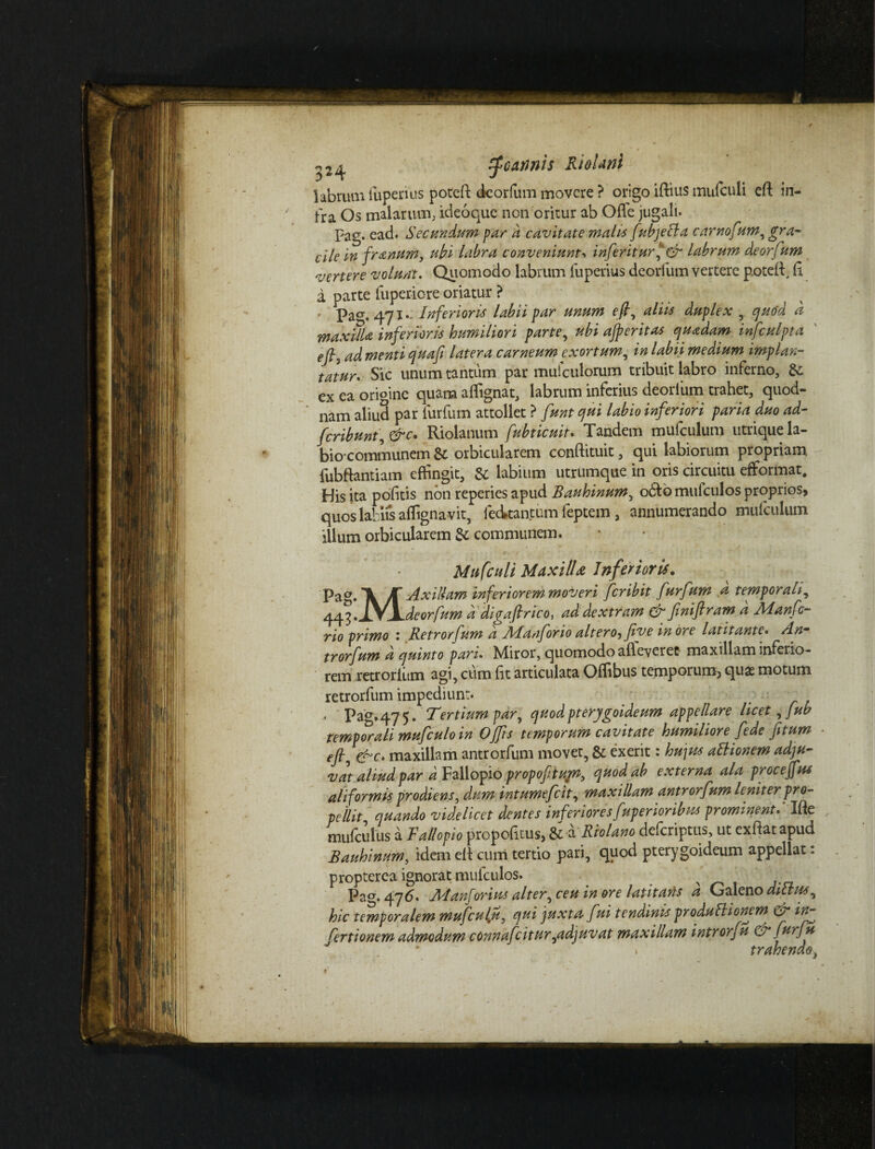 zfeamis RioUnl labrum iiiperius poteft deorfum movere ? origo iftius mufculi eft in¬ fra Os malarum; ideoque non oritur ab Ofle jugali. Pag. ead. Secundum par d cavitate malis fubjella carnofum, gra¬ cile in franum, ubi labra conveniunto inferiturf & labrum deorfum vertere volunt. Quomodo labrum fuperius deorfum vertere poteff (i a parte fuperiore oriatur ? pa°-. 471.. Inferioris labii par unum e fi, aliis duplex quod d maxilla inferioris humiliori parte, ubi ajperitas quadam infculpta eft7 ad menti quafi latera carneum exortum, in labi} medium implan¬ tatum Sic unum tantum par mufculorum tribuit labro inferno, &; ex ea origine quam affignat, labrum inferius deorliim trahet, quod¬ nam aliud par furfum attollet } funt qui labio inferiori paria duo ad- fcribunt,&c. Riolanum fubticuit. Tandem mufculum utrique la- bio communem & orbicularem conftituit, qui labiorum propriam, fubftantiam effingit, & labium utrumque in oris circuitu efformat. His ita pofitis non reperies apud Bauhinum, odtb mufculos proprios, quos labiis affignavit, fedtantum feptem, annumerando mufculum illum orbicularem & communem. Mufculi Maxilla Inferioris. pag# *TL JT Axillam inferiorem moveri feribit furfum a temporali, 443.iyjLdeorfum d digafirico, ad dextram & finiftram d Manfc- rio primo 1 Retrorfum a AAanforio altero? five inore latitante. An- trorfum d quinto pari. Miror, quomodo afleveret maxillam inferio¬ rem retrorlitm agi, cum fit articulata Offibus temporum^ quas motum retrorfum impediunt. « Paa»475. Tertium par, quod pterygoideum appellare licet, fub temporali mufculoin Offis temporum cavitate humiliore fede fitum efi,&c. maxillam antrorfum movet, & exerit: hujus attionem adju¬ vat aliud par d Fallopio propofitum, quod ab externa ala proceffus ali formis prodiens, dum intumefeit, maxillam antrorfum leniter pro¬ pellit, quando videlicet dentes inferiores fuperiorihu prominenti Ide mufculus a Tallopio propofitus, & a Riolano deferiptus, ut exftatapud Bauhinum, idem eft cum tertio pari, quod pterygoideum appellat: propterea ignorat mufculos. n Pacr.47(5. Manforius alter, ceu in ore latitans d Galeno dittus, hic temporalem mufcufu, qui juxta fui tendinis produfHonem & in■- ferti onem admodum connafcitur,adjuvat maxillam introrfu & furfu * > trahendo}