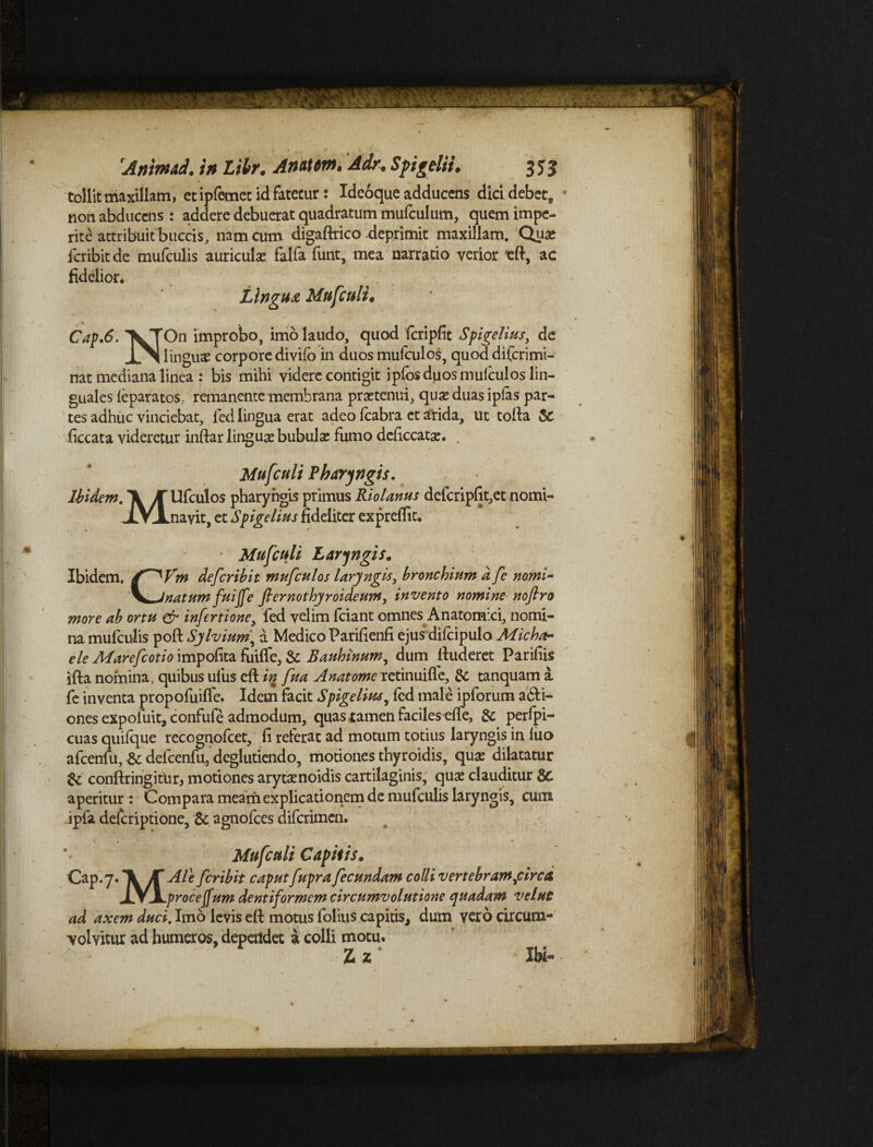 tollit maxillam, et ipfemec id fatetur: Idcoque adducens dici debet, non abducens : addere debuerat quadratum mufculum, quem impe¬ rite attribuit buccis, nam cum digaftrico deprimit maxillam. Quae feribit de mufculis auriculae falfa funt, mea narratio verior eft, ac fidelior. Lingua Mufculi. Cap.6. VTOn improbo, imo laudo, quod fcripfit Spigelius, de XNlihgu* corpore divilb in duos mufculos, quod diferimi- nat mediana linea : bis mihi videre contigit ipfos duos mulculos lin¬ guales leparatos,. remanente membrana praetenui, quae duas iplas par¬ tes adhuc vinciebat, fed lingua erat adeo fcabra et arida, ut tolla & ficcata videretur inftar linguae bubulae fumo deficcatae. . Mufculi Pharyngis. Ibidem. A J[ Ufculos pharyngis primus Riolanus defcripfit,et nomi- jLVJLnavit, et Spigelius fideliter expreffit. Mufculi Laryngis. Ibidem. OT^Vm de fer ibit mufculos laryngis3 broncloiumd fe nomi- natum fuijfe Jlernothyroideum} invento nomine nofiro more ab ortu & infertione> fed velim fciant omnes Anatomici, nomi¬ na mufculis poft Sylvium\ a Medico Parifienfi ejus dilcipulo Micha- ele Marefcotio impolita fuiffc, & Bauhinum^ dum lluderet Parifiis ifta nomina, quibus ulus cft in fua Anatome retinuiffe, 8c tanquam a fe inventa propofuiffe. Idem facit Spigelius, fed male ipforum a&i- ones expoluit, confufe admodum, quas tamen faciles elfe, & perfpi- cuas quifque recognofcet, fi referat ad motum totius laryngis in luo afcenfu, & defcenfu, degluttendo, motiones thyroidis, quae dilatatur & conftringitbr, motiones arytaenoidis cartilaginis, quae clauditur 8C aperitur : Compara meam explicationem de mufculis laryngis, cum ipfa deferiptione, & agnofees diferimen. *• Mufculi Capitis. €aP-7*TV/i firibit caput fupra fecundam colli vertebram firca jfS\jprocefum dentiformem circumvolutione quadam velut ad axem duci. Imo levis ell motus folius capitis, dum vero circum¬ volvitur ad humeros, dependet a colli motu. Z z Ibi-