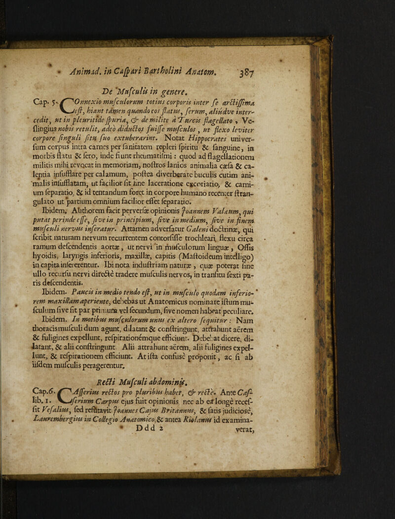 De 'MttfculU in genere. Cap. ^.f^Onnexio muf culorum totius corporis inter fe arftiffma K^Jefi, hiant tamen quando eos flatus, ferum, aliudve inter- cedit, ut in pleuritfde jpuria, & de milite amurcis flagellato , Ve- flingius nobis retulit, ^0 di duci os fuijfe mufculos , ut flexo leviter corpore finguli fltu fuo extuberarim. Notat Hippocrates uni ver- fum corpus intra carnes per fanitatem repleri fpiritu &: fanguine, in morbis flatu & fero, inde fiunt rheumatiimi: quod ad flagellationem militis mihi revqcatin memoriam, noflros lanios animalia csefa & ca¬ lentia infufflare per calamum, poftea diverberare buculis cutim ani¬ malis iniufflatam, ut facilior fit fine laceratione excoriatiq, & carni¬ um feparatio; & id tentandum foret in corpore humano recenter flran- gulato ut partium omnium facilior efiet feparatio. Ibidem. Ahthorem facit perverfie opinionis foannem VaUum, qui putat perinde e fle, five in principium, fi ve in medium, fi ve in finem mufculi nervus inferatur. Attamen adverfatur Galeni&o€kt\nx, qui fcribit naturam nervum recurrentem contorfifle trochleari, flexu circa ramum defcendentis aortae, ut nervi ‘in mnfculorum lingua;, Oflis hyoidis, laryngis inferioris, maxilla?, capitis (Mafloideum inteiligo) in capita inlererentur. Ibi nota induftriam natura , quae poterat fine ullo recurfu nervi dire&e tradere mulculis nervos, in tranfitu fexti pa¬ ris defcendentis. Ibidem. Faucis in medio tendo efl, ut in muf culo quodam inferio- ' rem maxillam aperiente, debebas ut Anatomicus nominare iftum mu- fculum five fit par primum vel fecundum, five nomen habeat peculiare. Ibidem. In motibus mufiulorum unus ex altero fequitur : Nam thoracis mufculi dum agunt, dilatant & ccnftringunt, atfrahunt aerem & fuligines expellunt, refpirationemque efficiunt. Debebat dicere, di¬ latant, & alii conftringunt Alii attrahunt aerem, alii fuligines expel¬ lunt, & refpirationem efficiunt. At ifta confuse proponit, ac fi ab iifdem mufculis peragerentur. Re Hi Mufculi abdominis. Cap.6. Aflerius reBos pro pluribus habet, & reBe. Ante Caf- lib. 1. \^jferium Carpus ejus fuit opinionis nec ab e^ longe recef- fit Vfalius, fed ref&tavit foannes Cajus Britannus, & fatis judiciose, Laurembergius in Collegio Anatomicoantea Rivi anus id examina- * D d d 2 verat,