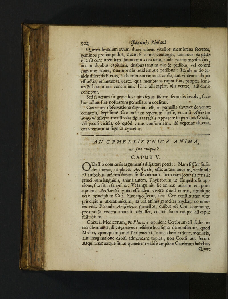 Quemadmodum ovum duos habens vitellos membrana fecretos, geminos profert pullos, quam fi rumpi contingat, uniuntur ea parte qua fit concurrentium humorum concretio, unde partus monftrofus, ut cum duobus capitibus, duabus tantum alis pedibus, vel contra cum uno capite, quatuor alistotidemque pedibus : Ita ab initio tu- k nicis difcrctis Foetus, iis humoris acrimonia crofis, aut violentia aliqua effradiis, uniuntur ea parte, qua membrana rupta fuit, propter femi¬ nis & humorum concurfum. Hinc alii capite, alii ventre, alii dorfo cohaerent. Sed fi verum fit gemellos unius fexus iifdem fecundis involvi, faci¬ lior adhuc fuit noftrarum gemellarum coalitus. Caeterum obfervatione dignum eft, iri gemellis thorace & ventre connexis, fiepiffime Cor unicum repertum firiffe, etiamfi Albertus magnus afferat monftrofas figuras rarius apparere in partibus Cordi, vel jecori vicinis, co quod virtus conformatrix ibi vegetior eluceat, circa remotiora fegnius operetur. AN GEMELLIS VNICA ANIMAy an /ua cuique ? CAPUT V. OUaeftio contrariis argumentis difputari poteft : Nam fi Cor fit fe- des animae, ut placet Ariftoteli, effet autem unicum, verifimile eft ambabus unicam datam fuiffeanimam. Item cum jecur fit fons & principium fanguinis, anima autem, Phyfieorum, ut Empedoclis opi¬ nione, fita fit in fanguine: Vtfanguinis, fic animae unicum erit prin¬ cipium. Arifloteles putat effe idem vivere quod nutriri, utriufque vero principium Cor. Sive ergo Jecur, five Cor conftituatur vitae principium, ut erat unicum, ita una anima gemellas regebat, commu¬ nis vita. Proinde Arifloteles gemellos, quibus eft Cor commune, pro uno & eodem animali habuiffet, etiamfi fuum cuique eft caput diftin&um. Coritra, Medicorum^ & Platonis opinione Cerebrum eft fedes ra¬ tionalis anittoce, illic refidere hoc figno demonftratur, quod Medici, quanquam jurati Peripatetici, timen Ixfa ratione, memoria, aut imaginatione capiti admoveant topica, non Cordi aut Jecori. Atqui unaquaeque fuum,quinetiam valde amplum Cerebrum habebar. Quare