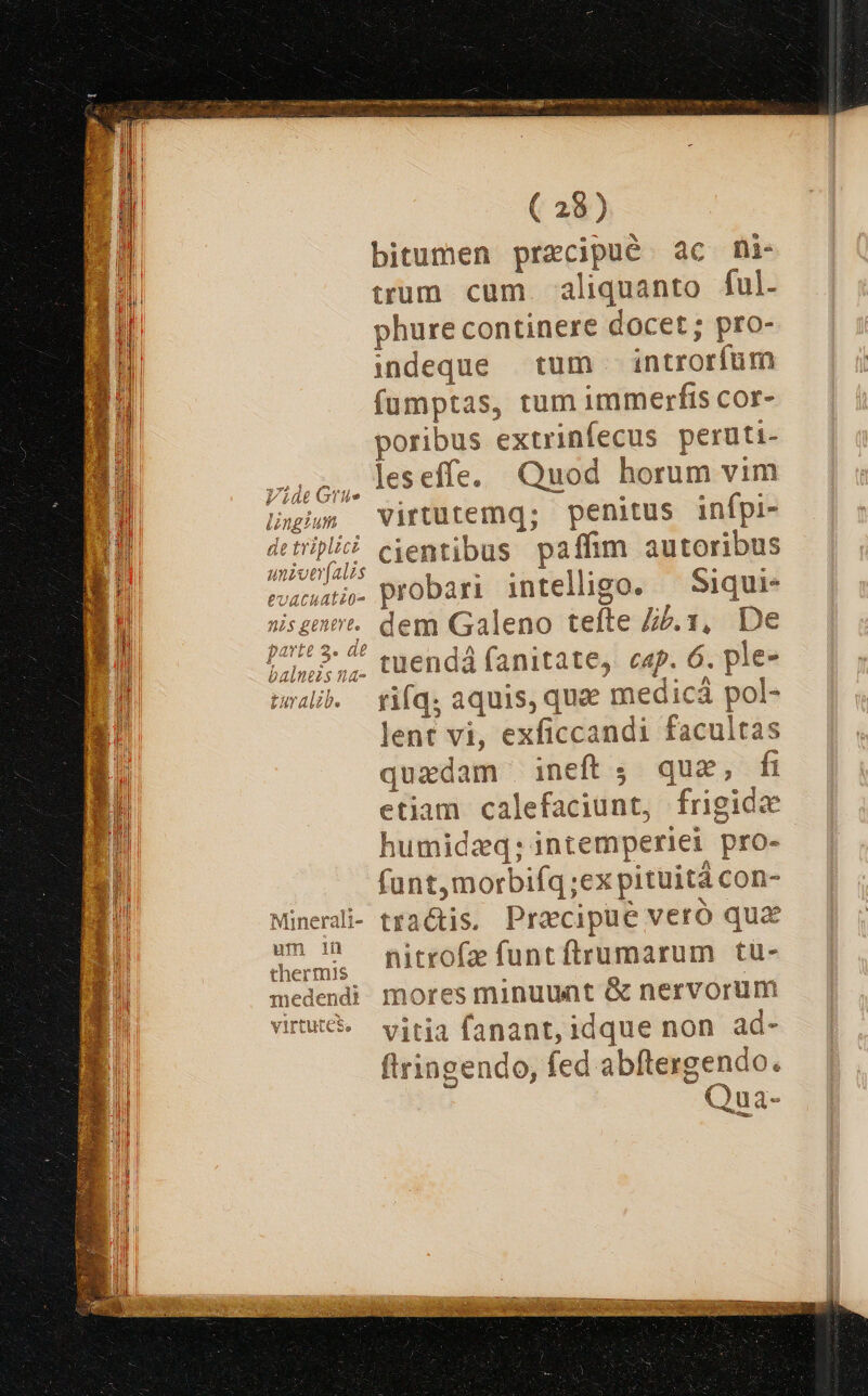 ( 28) bitumen precipué ac fi- trum cum. aliquanto ful. phure continere docet; pro- indeque tum | introríüm füumptas, tum immerfts cor- poribus extrinfecus peruti- rji, Ies efle. Quod horum vim Hmm virtutemq; penitus infpi- hii, ciemibus pallicagtasiss sunu. probari intelligo. — Siqui- nis gente. dem Galeno tefte lib.1, De pore ^ tuendá fanitate, cap. 6. ple- nwalib. rifq, aquis, quae medicá pol- lent vi, exficcandi facultas quxdam ineft; que, fi etiam calefaciunt, frigidae humidzq; intemperiei pro- (unt,morbifq;expituitá con- Minerdi- tractis, Praecipue veró quz Ema nitrofzfuntftirumarum tu- medend: mores minuunt &amp; nervorum virtud vitia fanant, idque non ad- ftringendo, fed abftexgendo.