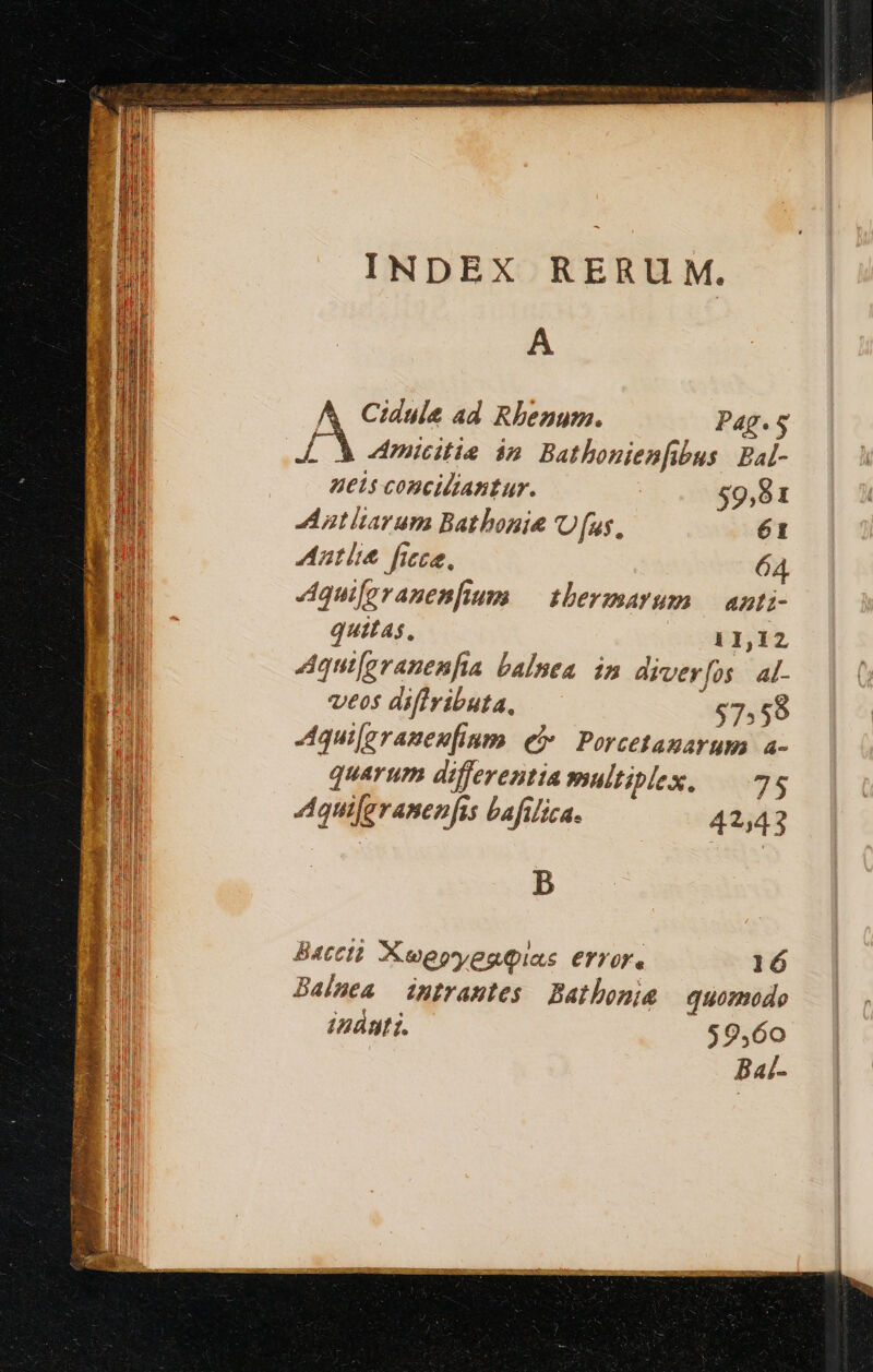 INDEX RERUM. A A Cidule ad Rhenum. Pag.5 JL micitie án Bathonienfibus Eal- | uels conciltantur. 59,01 ubi A atlaram Bathonje Uus, 61 B Antlit fece, 64. 4Aquiforanenfum — thbermarum — anti- quitas. 11,12 Aqui[eranenlia balnea in arver[os al- veos diffvibuta, $7558 Aqui[granen[inm. e Porcetanarum a- quarum differentia multiplex. 75 Aquiferanenfas bafilica. 42,43 ' B Bateti XwepyeaQias errore 16 Baimea imtrantes Bathomia quomudo inátiti. $9.60 Ba/-