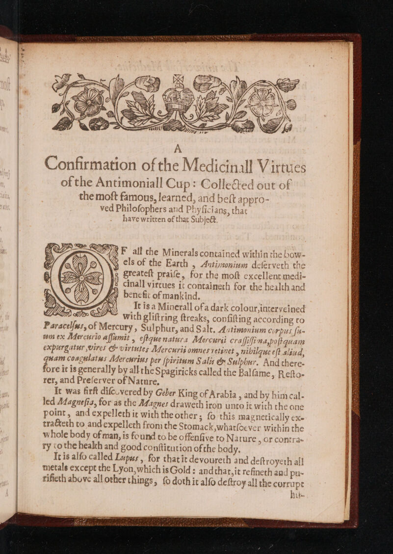 Big ) == ns —— on! ti, ‘ Kea A Confirmation of the Medicinal Virtues of the Antimoniall Cup: Collece: a Ad aa Y f 4 S/he Le AVL YL y the moft famous, learned, and beft appro- ved Philofophers and P! reylicians, that , bi 5 ® 5 ¢, ahd 3 have written of that Subjeét, } G G 9 . a = lay aig a aang = yo ae a RT F all che Minerals contained within the bow- SIA VY \G els of the Earth , Antimonium deferveth the . greateft praife, for the moft excellent medi- wale ce it containeth for the healthand Y/ fy benefc of mankind. AA 4 It is a Minerall ofa dark colour, interveined =~ With gliftring ftreaks, confifting according ro Mercury » Sulphur, and Sale. Autiseoninm corpus [4- ees Mercurio Affiamit eftque natura Mercuri craffilfina,poftquam expurgatur wires &amp; virtutes Mercuri¢ omnes retinet » uibilque eft slind, quam cosgélatus Mercurius per fpivitum Salis &amp; Sulphur. And there- fore it ' generally 3 gethe Spagiricks called the Balfame,. Refto- rer, and Preferver of Nature, Ie was firft difcuvered by Geber King of Arabia , and by hin cal- JY led Adagnefia, for as the Magnes draweth iron unto it with the one point, and expellech it with the other; fo this magnetically exe tra&amp;eth to and expelleth fromthe Stomack whatfoever within the whole body of man, is found to be offenfive to Nature , OF contras ry cothe health and good conftitution of the bo Ai Icis alfo called Lupus, for thatit devoureth and deft royeth all metals except the Lyon, whichisGold: and that,it refineth and pus rifieth above all other things, {0 dothic alfo deftroy all the corrupr ig i Hu=