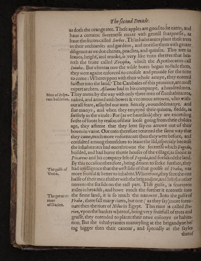Mcnofdcfpc- mebolJenes The giilfe of Vraba^ The great yiucr ofDarien. as doth the orange tree. Thefe apples arc good to be eaten, and i hauea certainc hveetnelle niixte with gentill (harpneire, as , haue thefruitescalled ,S’o^^f’j'.TiVinhabitantesplant thefe trees in their orchiardes and gardens, and norifiie them with greate j diligence as we doc cherics, peaches, and quinfes. This tree in i leaues, height^and trunkc, is ;,very like vnto the tree that bea- : reth the fruite called Zt^phdj which the Apothecaries call ^ But whereas now the wildc bores began tofailethem, they were againe enforced to conflilt and prouide for the time to come: Wherevppon with their whole armye, they entered , fuffficr into the land.' The Canibalcs of this prouince,are moft j expertarchers.-^<i«mhadinhiscompanye, ahundredmen. j . They mette by the way with only three men offoinhabitantes, ► naked, and armed with bowes & venimous arrowes, who with* out all feare,allayled our men fiercely, wounded manye, and 3 fluemanye, and when theyemptyed their quiuers, flcdde,as Iwiftely as the winde: For (as we hauefaid*) they are exceeding 3 (wiftcoffooteby rcafbnofthcir loofe going from their childes ■ age, they affirme that they lette flip no arrovve out of their 9 bowes in vainc. Our men therefore returned the fame way that ^ they camc,much more vnfortunate then they were before, and 4 confultcd among themfelues to leaue t he lad,e^ecialy becaufc 11 the inhabitantes had ouerthrowne the fortrellc which ■ builded, and had burnt thirtie houfes of the village,as foone as J Pizdrrfts and his company left of Fogeda,‘a\id forf'aked the land. By this occafion therefore, being driuen to feeke further, they had intelligence that the weft fide of that goulfe of Vraba^ was more fruitful & better to inhabite.Wherefbre,they feat the one halfe oftheir men thither with the brigandine,and left the other ; neere to the fcafide on the eaft part. This gulfe, is fourtecne ■ miles in breadth,andhowe much the further it entereth into the firme land, it is fb much the narower .Into thegulfcof ' there fall many riuers, but one ( asthey fay)morefortu- • nate then the riucr of iVi/w,in Egypt. .Thisriuer is called rien, ypon the bankes whereof, being very fruitfull of trees and ] gralTe, they entended to plante their newe colonye or habita* i; don. But the inhabytantes marueyling at the brigandync be- 1 ing bigger then their canoas;, and fpecially at the fayles *; thcrof