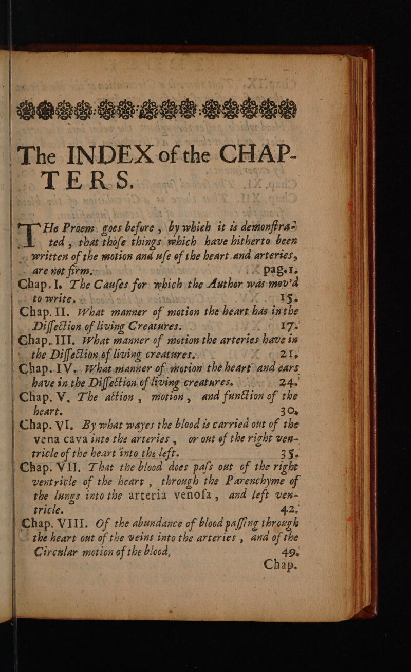 ene ee aen aenee The INDEX of the CHAP- wR So ; H^ Proem) goes before , by which it is demonftra- ted , that thofe things which have hitherto been | written of the motion and n[e of the heart.and arteries, are not firm, | pager. | Chap.l. Ze Canfes for which the Author wás mov'd to write. | D Na 15. | Chap. TI. what manner of motion tbe heart has iatbe Chap. VI. By what wayes the blood zs carried out of the vena cava iste the arteries, or out of the right ven- tricle of the heart into the left. 33. | Chap. VII. That the blood does pafs out of the right ventricle of the heart , through the Parenchyme of the lungs into the arteria venola, and left ven- tricle. 4.2. Chap. VIII. Of the abundance of blood paffing through ws | the heart out of the veins into the arteries , ana of the Circular motion of the blood, 49, Chap. |. Diffettion of living Creatures. LOUP Chap. III. What manner of motion the arteries have in | x the Diffetion of living creatures. X omn Chap..1V.. What manner of motion the heart and ears | bave inthe Diffection. of living creatures. |... 24. Chap. V. The attion , motion, and funttion of the | heart. 30,