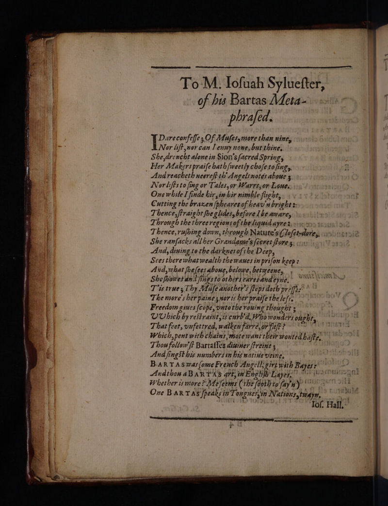 “f To M. lofuah Syluefter, | of his Bartas Meta .--10 |) Darecenfeffe 5, Of Adufes,more than nine, &gt;: Nor lift wor can I enuy none, but thine, | She,drencht alone in Sion’sfacred Spring, | _ Her Makers praife hath {weetly chofeto fiugy. 2°. 2 a Andreacheth neereft th Angelsnotés aboue 5, of Nor lifts to fing or Tales, or Warrs;or Lone. AY Onewhile I finde bir,in-bir nimble fight, tv2 eS Cutting the brazen {pheares of heav'n bright s: 7 Thence, ftraight foe glides, before be aware, | . oy Through the three regions of the liquid ayres, &gt;: &gt; | Thence, rufbing down, through Nature's (lofetedore,, . She ranfacks allber Grandamse’s feeret fore s. cy | And, dining te the darknes ofthe Deep, Sces there what wealth the wanes in prifon keep: | Aicd, what foefees aboue, belowe, betmeene, , i | Sheflowes dna fings to others caresandeyne, Tt true, Thy Mufe another's fteps doth prefes' * The more's ber paine 3 nor ts ber praife the le/s. 4 Freedom gines (cope, vntothe rouing thought ; . OUVhich by reStraint,is curb’, Who wonders ought, | ~ That feet, uufettred, walken farré,orfafp? &gt; © Which, pent with chains, mote want their wonted hafte,. Thou follow'/t Bartalles disiner freines And fingst his numbers in bis native veine, BART ASwasfome French Angell; sirt with Bayes Andthou aBaRt as art, in Engh Layey O° ee OU Whether is more? Mejeems (the (doth fay'ny * nie, Ove BARTA S'[peaks in Tongues, in Nations,twayy, Ms : : i wei ed Jof. Hall. SO ce oe ELIT . rt