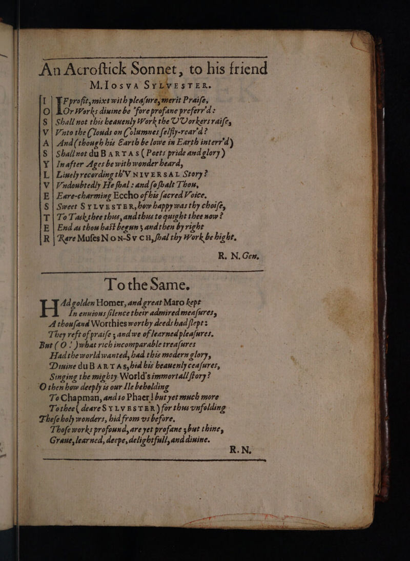 M.ITosva SYLVESTER. I LE profit, mixt with pleafure, merit Praife, O| LOr Works dixine be “fore profane preferr'd: Shall not this beanenly Work the UV Vorkers raife, Visto the ( louds on ( olumnes felfly-rear'd? And(though his Earth be lowe in Earth interr'd) Shailnot dUB ARTA S( Poets pride and glory) Inafter Ages be with wonder heard, Linelyrecording th'V NIVERSAL Story? Vudoubtedly He foal : and fo foalt Thon, Eare-charmiag Eccho of bis facred Voice, Sweet SYLVESTER, bow happy was thy chosfe, To Task thee thus, andthus to quight thee now? End as thou bast begun 5 and then by right R | Rare Mufes N on-Sv CH, hal thy Work be hight, R. N, Gen, Mey om m ers aw Tothe Same. H Ad golden Homer, and great Maro kept In enuions filence their admired meafures, A thoufand Worthies worthy deeds had flepe: They reft of praife and we of learned pleafures, Bat (0! )what rich incomparable treafures Hadtheworld wanted, had this modern glory, Dinine duB ART As, bid bis beauenly ceafures, Singing the mighty World's immortall tory? To Chapman, and to Phaer! but yet much more Tothee{ deareSY¥ LV ESTER) for thus unfolding Thefehol wonders, hid from vs before. Thofe works profound, are yet profane sbut thine, Graue, learned, decpe, delightfull,and dinine.
