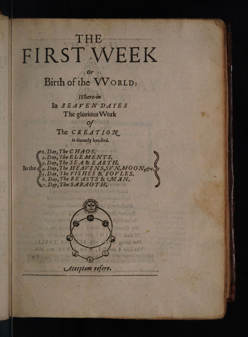 ee ee “THE Birth of il Wo RLD: Where-in In SEAVEN DATES The glorious Work / TABS DF The CREATION, is diuinely handled. t, Day, The CHAOS; 2, Day, The ELEMENTS. 3.Day,The SEA&amp; EARTH, Inthe &lt;4. Day, The HEAVENS,SV N,U4OO Nyé&amp;e, 5. Day, The FISHES &amp; FOV LES, 07. Day, TheSABAOT HH, 4 = aa ee ee = . ——— oT eee . eu. ee AT: LTT TEST ae aA = nage na at 2 tert. — wm
