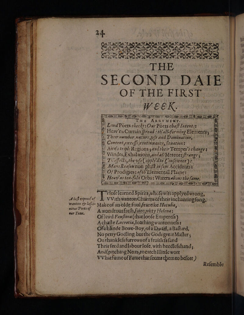 ; s mami Fe OTA aa ; OE et A iufl reproof of eur [sme os eR BI e eS THE ae OF THE FIRST. WEEK. 8 Une ARGVMENT. a Lewd Poets checkt: Oar Poets chaff Intent s: pes e; Ther number nature »vfe and Domination, 6 | Concent excel]? continuance, fituation: ¢ t Wind es Exhalations, andaliMeteors frrange ; ava Ueffetts, the ufe ( apply ‘dato (' oufcience &gt; a Ma asReal o4 NON: plutt info Accidents: e Of Prodigies: oft Elementali Flame: [B. | Heav'ns ten-fold Or ae ibis abous the fame. = 5 Hofelearned § pinite whole wits applyed wrong Perera ig Awondrous Faait saree witty Heleva: Of lewd Fauftiva(thatloofe Emperefs) Achafle Lacretia loathing wantonnefs : Ofablinde Bor we-Boy,ofa Dwarf, a Baftard, No petty Godling. bucthe Gods great Mafter; Onthankle(s furrows of a fruitlefs {and Their feedandlabourlofe, with heedlefshand; VVhatfume of Famethatfeems themto before ) Refembfe