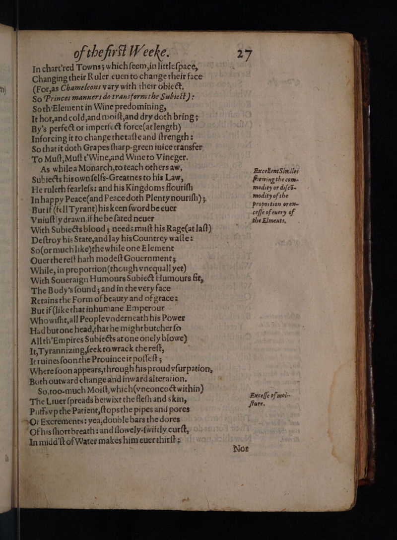 TS} ri of thefirst Weeke. Inchart’red Towns; which feem, in little{pace, Changing their Ruler.cucn to change their face (For,as Chameleons vary with their objet, So Princes manners do transform the Subsett ): Soth:Element in Wine predomining, It hot,andcofd,and moift,and dry doch bring; By’s perfect or imperfect force(atlength) Inforcing it to change thetafteand ftrength: So thatit doth Grapes fharp-green inice transfer To Muft,Muft t’Wine,and Wineto Vineger. As whilea Monarch,toteach others aw, Subiects hisown felfs-Greatnes to his Law, He ruleth fearlefs: and his Kingdoms flourifh Inhappy Peace(and Peacedoth Plenty nourifh) s. Butif (fell Tyrant) hiskeen {wordbe euer Vniult!y drawn.if he be fated never With Subieéts blood; needs mult his Rage(at laft) Deftroy his State,andlay hisCountrey wafte: So(ormuchlike)the while one Elemente Ouerthere!t hath modeft Gouernment; While, in proportion (though vnequall yet) With Soueraign Humours Subiect Humours fie, The Body’s found; andin thevery face Retains the Form of beauty and of grace: Butif (like chatinhumane Emperour Whowitht,all Peoplevinderneath his Power Had butonehead,that he mightbutcherfo Allth’Empires Subiects at one onely blowe) It, Tyrannizing,feck to wrack thereft, Itruinesfoonthe Prouvinceic potlett ; Where foon appears,through his proud vfurpation, So,too-much Moilt, which(vnconcoct within) The Liuer (preads betwixt the flefh and skin, Puttsvpthe Patient,{topsthe pipes and pores In midd’ft of Water makes him euerehirlt ; Ex celentSimiles Mewing the com. modity or difco- modity of the proports0n oF ek ceffe of enery of the Elments,