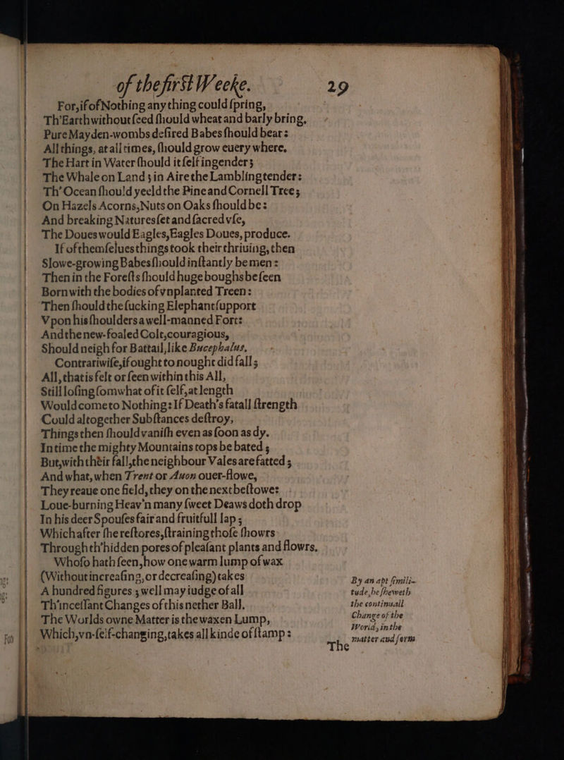 For, ifof Nothing any thing could {pring, Th’Earthwithout(ced fhould wheat and barly bring, Pure Mayden-wombs defired Babes fhould bear: All things, at all times, fhould grow euery where, The Hart in Water fhould it felfingender 5 The Whale on Land 3in Airethe Lamblingtender: Th’ Ocean fhou!d yeeldthe PineandCornell Tree ; On Hazels Acorns,Nuts on Oaks fhouldbe: And breaking Naturesfet and facredvfe, The Doues would Eagles, Eagles Doues, produce. If of themfeluesthings took theirthriuing, chen Slowe-growing Babesfhouldinftantly be men: Then in the Forefts fhould huge boughsbefeen Bornwith the bodies of vnplanted Treen: Then fhouldthefucking Elephant{upport Vpon hisfhoulders a well-manned Fort: Andthenew-foaled Colt,couragious, Should neigh for Battail like Bucephalus, Contrariwife,ifought to nought did fall ; All, thatis felt or feen within this All, Still lofing (omwhat ofr (elf,at length Wouldcometo Nothing: If Death’s fatall ftrength Could altogether Subftances deftroy, Things then fhouldvanith even as foon as dy. Intime the mighty Mountains tops be bated ; But,withthéir fal!,tche neighbour Vales are fatted ; And what, when Trext or Avon ouer-flowe, They reaue one field, they onthenextbeftowe: Loue-burning Heav'n many {weet Deaws doth drop In his deer Spoufes fair and fruitfull lap ; Whichafter the reftores, {training thofe fhowrs Through th’hidden poresof pleafant plants and flowrs. Whofo hath feen,how one warm lump of wax (Withoutincreafing, or decreafing) takes A hundred figures ; well may iudge of all Th'inceffant Changes of thisnether Bal], The Worlds owne Matter isthe waxen Lump, By an apt fimili- tude he fheweth the continwall Change of the Worid, inthe matter and form . ema er weet ON Te, giiitighe. 02 arom. ow — : = ~ Ci a pee