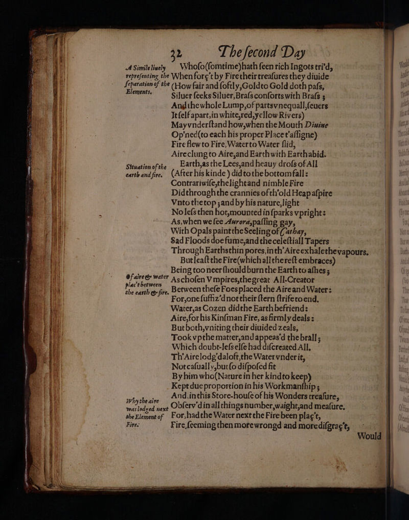 a Hi} ASimilelively Whofo (fomti me)hath {een rich Ingots tri’d, | Vou! aii reprefenting the When forg’t by Firetheirtreafures they divide 4 | al al Separation of she (How fair and (oftly,Goldto Gold doth pafs, 1B | ! h) | Elements. Siluer fecks Siluer,Bra(sconfortswith Brafs ; : Ez AEH Ang the whole Lump,of partsvnequall,(euers a ~ ai | It felf apart,in white,red, yellow Rivers) a ai Mayvnderftand how,when the Mouth Diwine ah . Op’ned(to each his proper Placet'affigne) | HH Fire flew to Fire, Waterto Water flid, ai Aireclung to Aire,and Earth with Earthabid. ail ‘on ofthe . Eatth,asthe Lees,and heauy drofs of All : i | ey ey (After his kinde ) didtothe bottom fall: il Contrariwife,thelightand nimble Fire | ‘| i Didthroughthe crannies of th’old Heap afpire | Hi Vntothetop ;andby his nature, light YW : Nolefs then hot,mounted in {parks vpright: 7 ain As,when we fee Asrora,palling gay, q ay With Opals paintthe Seeling of ( arhay, a) Sad Floods doefume,and the celeftiall Tapers | | Through Earthsthin pores,inth Aire exhalethevapours, bill 3 Butleaft the Fire(which ali thereft embraces) | | Being too neerfhouldburn the Earth to afhes ; : eee fil oF a weit Aschofen Vmpires,thegreat All-Creator | i hi, fig aay o fitt Between thefe Foes placed the Aireand Water: i mil For,one fuffiz'd nor their {tern ftrifero end. : | Water,as Cozen.didthe Earth befriend: = 4 | ; Ai Aire,for his Kinfman Fire, as firmly deals: jak But both,vniting their diuided zeals, 147) Took vpthe matter,and appeas’d the brall ; | tl Which doubt-lefselfe had difcreated All, | Pehl Th’Airelodg’daloft,the Water vnderit, | ea Notcafually,but fo difpofed fit ii By him who(Nature in her kindtokeep) 9h) Kept due proportion in his Workmanfhip ; | it ee And, inthis Store-houle of his Wonders treafure, 4) se todced next Od(erv'dinall things number,waight,and meafure, - aa she Element of For,hadthe Water next the Fire been plac’, Fires Fire,{ceming then morewrongd and moredifgrac’t,