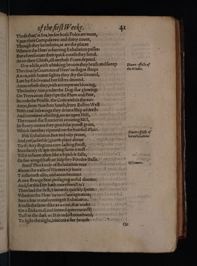oe ——————— ee Thofethat(at Sea)rofeeboth Polesarewont,, Vpon their Compafstwo andthirty count, Though they beinfinite,as are the places Whence the Heav'n-fanning Exhalation pafles: Butwherefoever their quick courfethey bend, Asontheir Chiefs,all onthefe Foure depend. One whilewith whisking broomethey bruh and {weep. The cloudyCourtains of Heav'ns {tages fteep: Anon,with hotter fighes they dry the Ground, Late by E/eftraand her filters drownd. Anon refreth they,withatemperate blowing, Thefoultry Aier;vnderthe Dog-ftar glowing:: On Treesanon theyripe the Plum and Pear, In codsthe Poulfe, the Corn within the ear: Anon, from Northto South,from Eaftto Welt With ceaf-lefswings they driuea Ship addrett: And fomtimes whirlingon an open Hill, Theround-flat Runnerin aroaring Mill, In flowry motes they grindthe pureft grain, Which latethey ripenedonthefruitfull Plain. Ifth’Exhalation hot and oily proue, And yet(asfeeble)giueth place aboue . Toth’Airy Regions cuer-lafting Froft, Inceflantly th’apt-tinding fume istoft>< «. Tillit inflame:then likeaSquibit talls,: : Or fire-wingd fhaft,or fulp’hry Powder-Balls.? | >: Butif Thiskinde of Exhalation tour! iy 3))} 0% Aboue the walls of Wintersicy bowr T-inflameth alfo;andanonbecoms. Anew ftrangeStar,prefaging woful dooms:: And, forthis Fier hath more fewell in’t | Thenhadthe firlt,cisnot{o quickly fpents2 0°» Whetherthe Heav’nsinceflantagitation;2¥..\: Into a Star transformingth Exhalations '*9: Kindlethefameslikeasacoal,that winkt«s | Ona fticks end(and feemed quite extin) i. Toft in the dark. with anindattrioushand;:: °° Tolightthenight,becomsa fier-brands:: °° « Diwers effects of the Windes, vo yt Diners effelts of hot exbalations: OfComets:. ge aS Se —— oe — 7s aa — = ~- ew ace ee a Se — ae oS Re SSS SS = i Se