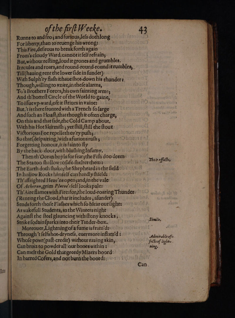 Runnsto and fro; and furious,lefs dothlong Forliberty,than to reuenge his wrong:. This Fire,defirous to break forth again From’s cloudy Ward;cannotitfelf refrains: But,withourrefting,loudit grones.and grumbles, Till(hauing rent the lower fide in funder) With Sulph’ry flath ithaue fhot-down his thunders. Though,willingto vnitc,in thefealarms, To’s Brothers Forces,his own fainting arms; And th’hotteft Circle of the World to gaine, Toifluevp-ward,oft it {triues in vaine: But,'tisthere fronted with a Trench folarge Andfuch an Hoaft,thatchough it often charge, On this and that fide,thc Cold Camp about, With his Hot Skirmith ; yet ftill, till the ftoue: Victorious Foe repellethev-ry puths.: Sothat(delpairing )with afuriousruth Forgetting honour, itis fainto fly By theback-door,with blufhing Infamy. Then th’Ocean boyls forfearsthe Fifh doodeem: The Seatoo fhallow+tofafe-fhelrerthem: | The Earth doth fhakesthe Shepheardin the field In hollow Rocks himfelf can hardly thields Th’affrighted Heav’ns opensand,in the vale: Of Acheron,erim Plutoe'sfelf lookspale: (Renting the Cloud,thatitincludes , afunder) Sends forth thofe Flafbes which fo bicar our fights As wakefull Students, inthe Wintersnight Againtft the fteel glauncing withftony knocks; . Strike fodainfparks into their Tinder-box. Moreouer,Lightning ofa fume is fram‘ds: Through ‘t elfshot-drynefs, euermoreinflanrd s- Whofe powr(paft-credic) without razing skin,.. Gan bruiz to powderall our boneswithin : Can melt the Gold that greedy Mizers hoord: In barred Cofers,and not burnthe boord:: Their effet, Sinsile. Admirable ef-s fells of lightes ning. SESE SAT Se EO — - fe = ra aro SR ae ee eae se = ee mages ee wg Be a RT daa ee = ——— —~— os ee = —-— Se een a at ——— = : a Rae ee. eet Se a TSS — meaetais —— ae ~ he A EE ES RATE SES ait pas Ae ree a? =< vs = Pus Yl EMO COTS manta, ee es