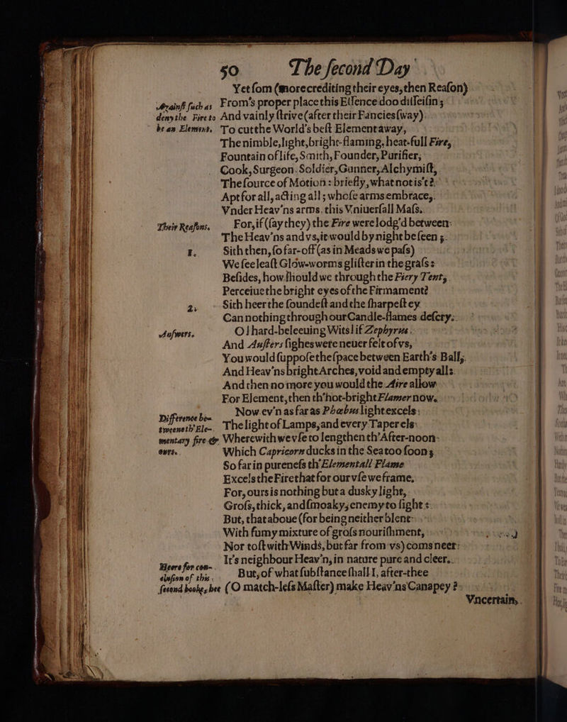 od ” 9 ES 2 ORR BEREAN oR RMR : a Bs enti ro bees &amp; - ; . - °, CA Tey . Arainft fich as denythe. Fire to be an Element. Their Reafons e F.. a> Anfwers. Difference ben. tweeneth' Ele=- Yet fom (morecrediting their eyes,then Reafon) From’s proper place this Elfencedoo ditleifin ; And vainly ftrive (after their Fancies{way); To cutthe World’s beft Elementaway, The nimble, light, bright-flaming, heat-full Fire, Fountain of life, Smith, Founder, Purifier; Cook, Surgeon. Soldier,Gunner, Alchymift, The fource of Motion: briefly, what notis’t2, Aptfor all, acting all; whofe armsembrace,. Vnder Heav’ns arms, this Vniuerfall Mafs.. For, if (fay they) the Fire were lode’d between: The Heav'ns andvs,iewould bynighe befeen ;. Sith then, {o far-off (as in Meadswe pafs) We feeleaft Glaw-worms glifterin the gralss Befides, howfhould we throughthe Frery Tents. Perceiuethe bright eyesoftheFirmament2 Sith heerthe foundeft and the fharpeftey Can nothing through ourCandle-flames defcry;. O!}hard-beleeuing Wits! if Zephyrus. And Asfers figheswete neuer feit of vs, You would fuppofethefpace between Earth’s Ball;. And Heav’ns bright Arches, void andempty alls. And then no more you would the ire allow For EJement, then th*hot-brighe Flamer now. Now.ev'n as faras Phabwus lightexcels: Thelightof Lamps,and every Taper els: ONTS.. Heere for com-. elufion of this. Which Capricor» ducks in the Seatoofoons So farin purenefs th Elementall Flame ExcelstheFirethat for our vie weframe, For, oursis nothing buta dusky lighe, Grofs, thick, andfmoaky, enemy-to fight + But, thataboue (for being neither blene- With fumy mixture of grofs nourifhment, see) Nor toft with Winds, but far from’vs) coms neer: | It’s neighbour Heav’n, in nature pure and cleer.. But, of what fubftance thall I, after-thee (O match-lefs Mafter) make Heav'ns‘Canapey ?- | | Vucertain,.
