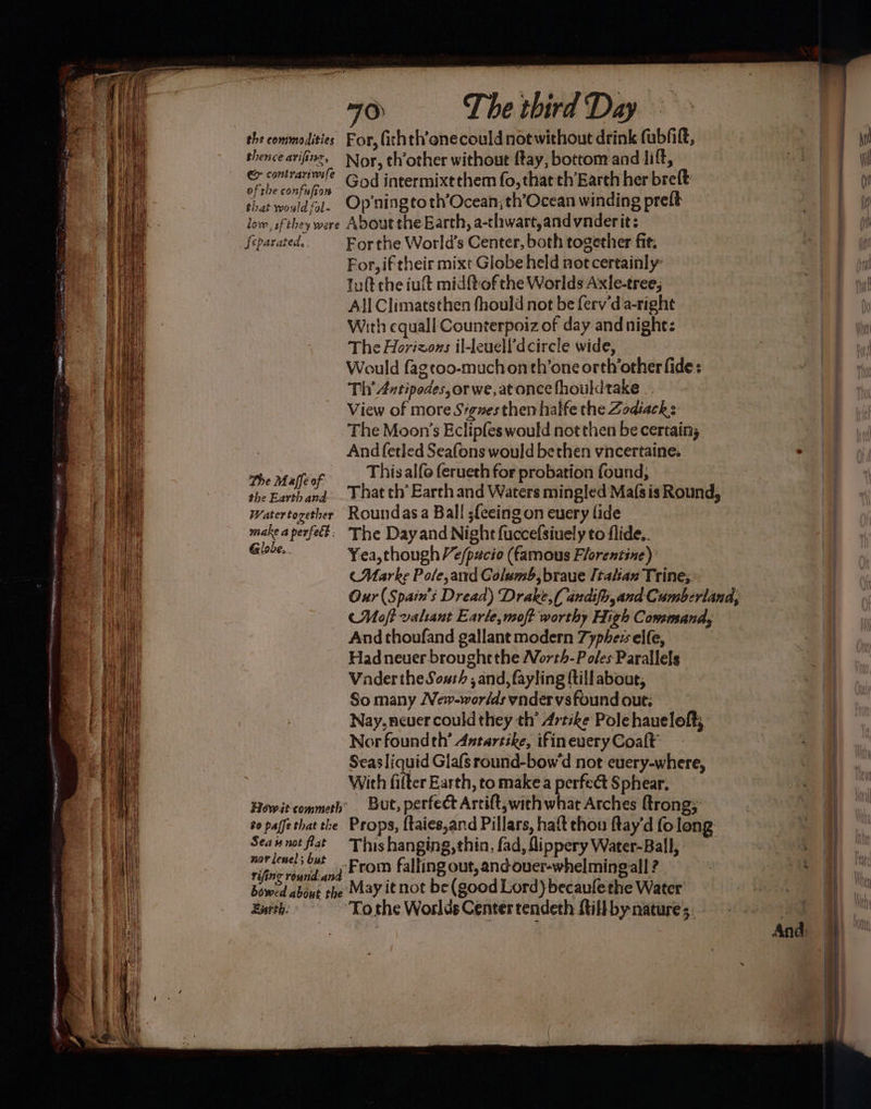 the commodities For, Githth’enecould not without drink fubfift, thence arifing, Nor, thother without ftay, bottom and lift, © contrarel€ God intermixtthem fo, that th’‘Earth her breft hat would fal. Op'ningtoth’Ocean;th’Ocean winding preft low, sfthey were About the Earth, a-thwart,andvnderit: feparated. Forthe World’s Center, both together fit. For, iftheir mixt Globe held not certainly Iuft che iult midftof the Worlds Axle-tree; All Climatsthen fhould not be ferv'd a-right With equall Counterpoiz of day and night: The Horizons il-leuell’dcircle wide, Would fagtoo-muchonth’one orth‘other fide: Thy Antipodes,or we, atonce fhouldtake View of more Sigves then halfe the Zodiacks: The Moon’s Eclipfes would not then be certain; And (etled Seafons would be then vincertaine. This alfo ferueth for probation found, That th’ Earth and Waters mingled Ma(sis Round, Roundas a Ball ;{eeing on every fide The Day and Night fuccefsiuely to flide.. Yea, though Ve/pucie (famous Florentine) (Marke Pole, and Golam, braue [taliaxz Trine; The Maffe of: the Earth and Waterto ether make a perfect ; Globe. Moff valiant Earle,moft worthy High Command, And thoufand gallant modern 7yphex elfe, Had never broughethe Worth-P oles Parallels Vader the South , and, fayling ftillabout, So many New-worlds yndervs found out: Nay,never could they th’ Artike Pole haueloft, Norfoundth’ Antartike, ifin every Coalt™ Seas liquid Glafs round-bow'd not euery-where, : With filter Earth, to make a perfect Sphear, Howitcommeh’ But, perfect Artift,with what Arches trong; so paffe that the Props, {taies,and Pillars, haft chou ftay'd folong Seawnotflat Thishanging,thin, fad, fippery Water-Ball, ein hg ,g From falling out, and ouer-whelmingall ? bowed about the May itnot be(goodLord)becaufethe Water Entth.. ‘Tothe Worlds Centertendeth ftillbynature;. SS a pe