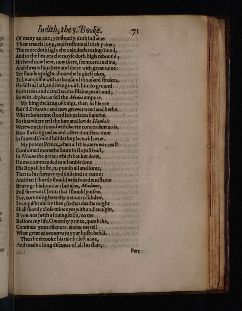 Iudithsthe's:Booke. Ht,  a ¥ ha ee a oe t“~s Se ee Fe a em | Their travels long,and fruftratsall their paines | Therootedoth igh, the dale doth roring found,.: | He falls ac lait;and brings with himtoground So with Arphaxat fellthe A4edes ernpyre, My kingthe king of kings, then in his yre — Where fometime ftood his palaces {uperbe. Sothat where erft the luteandlowde Hawbeis Now thriking owles and other mon{ters moe In funerali (ound fulfilsthe placewith woe, | Con(umed monethsfourein Royall feaft; In Nininethe greats which banket done, . | Hemecommandedtoaflemble fone His Royall hofte,to punith all andfome, | Thattu his former ayddi(daindto come: | AndthatI fhorely thould with{word andflame. _ For, comming herethy nation to fubdew, | Ivanquifhe am by thee ;(othat deaths might | Shall fhortly clofe mine eyes with endlesnight,.. | Ifyou not (with alouing kiffe) tome _ Reftore my life.O.worthy prince, quosh fhe, . Continue your.difcours; andto me tell: | What great aduenturesto your hofte befell. ; | Thenheretookehistalehelefr alate, . _ And madea long difcouss of ali his fate, :, Us Ad NOMS. BSE ips in NT IE pA Boake apes pipe SRN tae, ~. ORE Oo n+ scene ys a &lt;&lt;