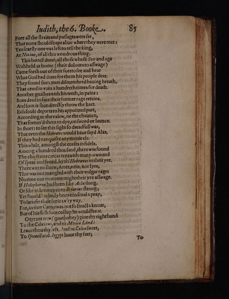 Yea(carfly onewaslefttocell the king, At Nixive, of all this wondrous thing. ri. Thisbattell doneyall thofe whofe Sex and age Withheld at home (their doloursto affwage) Came forth out of their foretofee and hear What God had done forthem his people dear. That criedin vain a hundreth times for death. Another gnafheswith his teeth, in pains : Som dead in face their former rage retains, And{om is fhordireétly throw the hart. Ech foule departsto his appointed part, According to thevalew, or thechaunce, That fortun'’dthem to dye,on {word or launce. In fhort: to fee this fight fo dreadfull was, That even the Hebrews would hauefayd Alas, If they had vanquifheanyenmiecls. This while, amongft the corfes infidels, Among a hundred thoufand,therewas found The chicftainscarcas rentwith many-awound Of {pear andfword. by th’ Hebrewesintheit yre. Therewas no finew,Arter,vein, nor lyre, That was not mangledwith their vulgar rages Notime nor momentmighttheir yre atlwage. If Holopherne had been like Ardaslong, Orlike in limmes ynto Bisarias ftrong 5 Yer fhould hisbody beentoofimala pray, Tolatisfe theirfurie cv ry way. For, in that Campiwas nvtfo {maifaknaue, Burof hisflcth omcollup he wouldhaue. To the Cuiciznsandto Media Land: Leauethouthy left. And to Celealweet, To [fmaelland degypt leave thy feets. NSD IST Pent SENT pe ven 3 Wi oar NAC) aeley nanan a eaaiegaieT aa ah - =o rte Sts . = _ z = = = AST: ee os eee ee = SSS = siete cosets 8 ipsin meanest =&lt; - Th a ee rr ne 2 - - -s FESR 55 SSS SSS SSS SS : — “f Wid Af ge ee itor PEE ay ca ; —&lt; ai i eg AN DETER! BEER oa RNa i