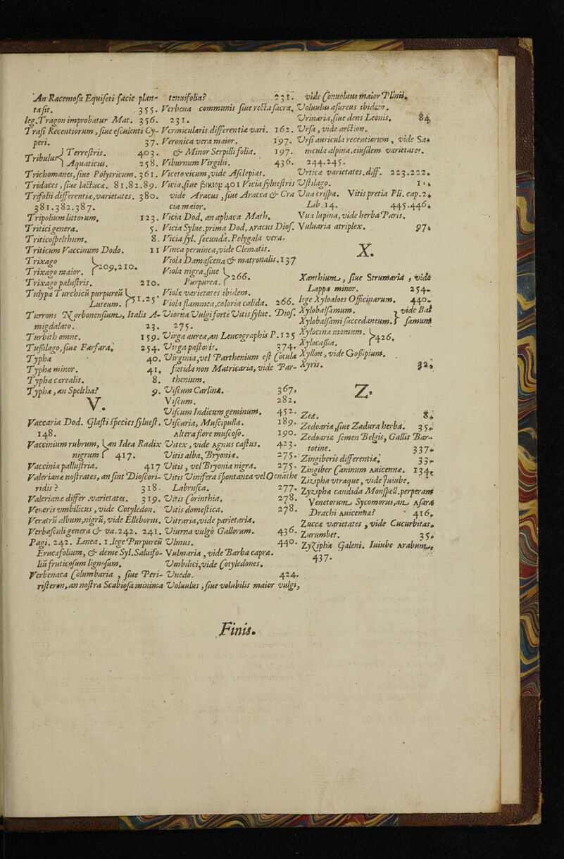 ]A» RacemojaEtptijetl fdcii tTimifolia?' ^5^* vtJe^c^iiotnustftator*Ti^n», ta/ir. 3 5 5‘ communis fisiere^ufkcra^ Voluulmafliretts ihidcm, leg.Er^gonimprohintiir JUfat» 35^. 231. ^rinarUjfme dem Leonis, Traji Recentiorum ,Jine ejcnlenti Cy~ VcrmicHldris differentia vari. 162. Urft, vide arB:ion. ppfi, . y^eronicaveramaior. ^97’ TJrJiauricHlarecentiorsim ^ vide Sa^ , JTerrefris. 403. Minor Serpilli folia. ^ 197. nicaUalpinaMiifdem vanetater. jiquaticHS. FibarnumVirgilti. 43*^. 244.245:. Trichomanes,fiue Polytricum.'^6i. yicctoxiciim^vide j^Jilepias. 'Urtica varietates,dijf. 223.222, TTridaces ,/iiie laBaca. 81.82.89. Vicia fiue 401 Ficiafylitefiris 'Uflilago. I * i 'Trifolii dijferentia,varietates. 380. vide Mracas ^fae Mracca cV Cra Unacrtjpa, \itis pretia TU. cap.2 i. 381.382.387. Tripolium littoium, Triticigenera, Triticojpelthiim, TriticHm Vzccinum Dodo. Trixago l rr • • >200*210, Trixago maior. | Trixago palitftris. cta maior. Lib.\/p, 445* 44^ • 123. Vicia Dod. an apbaca Math, Vua lapina, vide herba Taris. 5. Vicia Sjlne.prima Dod, Afaciis Diof Ynluaria atriplex. 97* 8, Viciafyl. fecunda.Tclygala vera. 11 Vinea peruinca/vide Clematis. X. Vlola Damafcena matronalis .137 XamUum., Jlne Str«m^rU , vidi TulypaTurchicupurpurea \. Vioh varietates ibidem. / • ^^4- LuLm.r^-^ lldolaflammea,colorracalida. .44°; Turrons 'Norbonenfium->, Italis ji-ViowaVulgiforteVitisJylue. T)iof. y \ ■ j f 22 '>7c Xylohaljamifkccedaneum.f famuni Turbith omne. 159* 'Dirga aurea,an Leucographis P. 12 5 /^42 I. 'inA Xylocapia. \~ ZKA. Virga pajtoW. 11 j n ■ 40. Vifgmu,vin>mhmiHm efl firnta Xyllo«.mdGoPfmnt 41 * foetida non Matricaria, vide Tar^ Xyns. 8. thenium. ViJcumCarlindt, \ifcum. Vifcum Indicum geminum, Vaccaria Dod. ^lajiifjecicsjyluefi, Vifcma, Mufiipulla. 148. A Itera flore mufiofo. Vaccinium rubrum, \ an Idea Radix 'Vitex, vide Agnus caflus. nigrum [ 417. Vitisalba.^Tryonit. Vaccinia palluflria. , 417 Vitis, vel 'Bryonia ni^a Tufltlago,flue Farfaral Typha Typha minor. Typha carealis. Typha, an Spelthal V. 3^7. 282, Zedoaria,fueZaduraherha. 190. ^icdoarU femenBelmyCaliis Bar-* totine. ^ 337* Zingiberis differentia, 35,. 35-’ Vaccmtapauujrria. ds,ij uitis ,vei nryonta nigra. Zingiber Caninum Auicenna. 134 Valertananofirates,anfintT>iofcori- VitisVinifera fontanea velOenathe Ziz.tphavtraque, videfuiube, ^ ridis} ^ 318. Labrufea. ^77* Zyz.tpha candidaMonfbell.perperarne Valeriana difer .varietates. 3 19. 'Z9;w firinthia. 178. Sycomorus,anJAfar4 Veneris vmbilicus, vide Cotyledon. Vitis domeftica, Veratru album,nigru, vide Elleborus. Vitraria,vide parietaria. Verbafculigenera cy va.2/p2. 241, Viuma vulgo Gallorum, Fagi. 242. Linea. 1 .IcgeTurpureu Vlmiis. Erucafolium, c-r deme Syl.Saluifo- Yulmaria , vide Barba capra, liufruticofum lignrfum, Vmhilici.pvide Cotyledones, Verbenaca Columbaria , flue Teri- Vnedo. rtfleron,.annoflraScabi0ja minima Voluulus,flue volubilis maior vulgi^ , w„.—e>ycomorus,afLj Ajar4 Drachi Auicenfia? ’ jpi6, . Zucca varietates , vide Cucurbitas^ 43 ' Zurumbet. 35^,» 44*^’ Zy'^pha Qaleni. Juiube Arahum^^ 437- ’ 424. Finis.