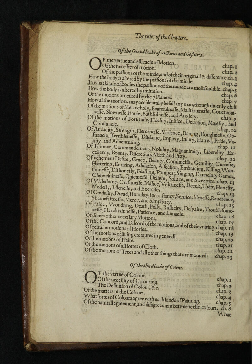 VfhefecoMcokeofAmomandGeflHres. OFthevertueandefficacieofMotion. . Or the neceffity of motion, chap, i Of'h “ a°t«edfay moftforcible. chap.5 Ot the motions procured by the 7 Planets. Ofthc motions o°fMScWy'FeaS^^ Conftancie. > ^'“o^on, Maiefty, Ld ity, and Aduenturing. ’ ««^ed. Pride, Va- Of Honour, Commandement, Nobilitv • t -. « cellency. Bounty, Difcretion, Mirth Infey Flattering, Enticing, Adulation Cutteiie, tonnefre,l)inrone%, FeS GheerefuJncffe.Quietnefle DcJitrht^Sr.li Games, Of Wiredonie,Cr^neffi Malice hap. ij Modefty,Idie„effe:aKS:^“^^^^^ Ofdniers other necefliry Motions chap.ttf Szr;:Ss'“'““'« tz:.t Of the motions ofall fortes of Cloth hap. 21 OfthemotionsofTreesandallotherthingsthataremooued. ctf.aj Of the thtrdhooke of Colour, OF the vertue of Colour. Of the neceffity of Colouring. ^ The Definition of Colour, &c. , ^P* * Dt the matters of the Colours. • ^^^P-1 Ofthe Ifa n“ 3gree with each lande ofPainting ch^*’’ Of*enaturallagreement,anddifagreet„cntbetweene5S colours cT:J VVhat