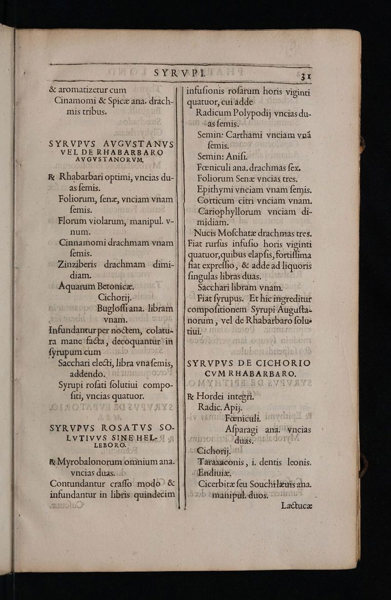 &amp; aromatizetur cum Cinamomi &amp; Spice ana. drach- mis tribus. SYRVPVS AVGVSTANVS VELDE RHABARBARO AVGVSTANORVM, R Rhabarbari optimi, vncias du- as Íemis. | Foliorum, fenz, vnciam vnam femis. Florum violarum, manipul. v- num. Cinnamomi drachmam vnam femis. diam. Aquarum Betonica. Cichorij. vnam. ra mane faéta, décoquantur' in Ífyrupum cutn ! addendo. fiti, vncias quatuor. SYRVPVS ROSATVS SO- LVTIVVS SINEHEL- ' LEBO RO. infufionis rofarüm horis viginti quatuor, cui ádde Radicum Polypodij vncias du- -asfemis. Semin: Carthàmi vnciam vná Íemis. Semin: Ánifi. Foeniculi ana. drachmas fex. Foliorum Senz vnciás tres. Epithymi vnciam vnam fetpis. Corticum citri vnciam vnam. Cariophyllorum vnciam di- midiam. Nucis Mofchatz drachmas tres. Fiat rurfus infufio. horis viginti quatuor,quibus elapfis, fortiffima fiat expreffio , &amp; adde ad liquoris fingulas libras duas. Sacchati libram vnam. - Fiatfyrupus. Et hicinereditur compofitionem Syrupi Augufta- CVM RHABARBARO,., Radic. Apij. | vd Feenicüli. ^^ A[paragi ana. vncias dügsp bib doTQ s TTàraxáconis , i. dentis leonis. JiEndiüis, Cicerbitz feu Souchil&amp;uis ana. mahipul. duos. - Lactucz