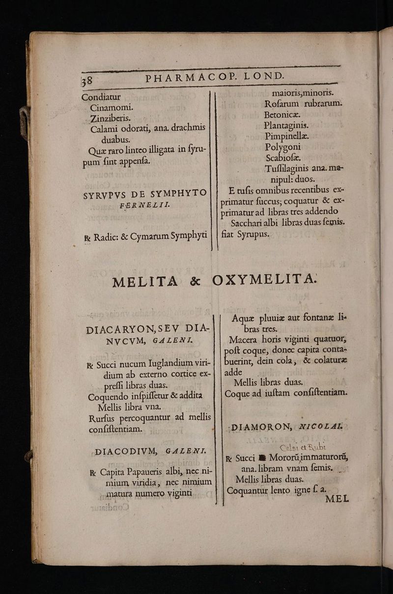 SYRVPVS DE SYMPHYTO FERNXELII. maioris,minoris. Rofarum rubrarum. Betonica. Plantaginis. Pimpinella. Polygoni Scabiofz. Tuflilaginis ana. ma- | nipul: duos. E tufis omnibus recentibus ex- primatur fuccus; coquatur &amp; ex- rimatur ad libras tres addendo Sacchari albi libras duas femis. fiat Syrupus. DIACARYON,SEV DIA- NVCVM, GALENI. preffi libras duas. Coquendo infpiffetur &amp; addita Mellis libra vna. Rurfus percoquantur ad mellis confiftentiam. .DIACODIVM, GALEXTI. Rc Capita Papaucris albi, nec ni- mium viridia, nec nimium ..imatura numero viginti Aquz pluuie aut fontanz li: bras tres. | Macera. horis viginti quatuot, Mellis libras duas. ! Coque ad iuftam confiftentiam. | Celsi et'Rhubx | &amp; Succi lli Mororüimmatutorá, ana.libram vnam femis. | Mellis libras duas. MEL