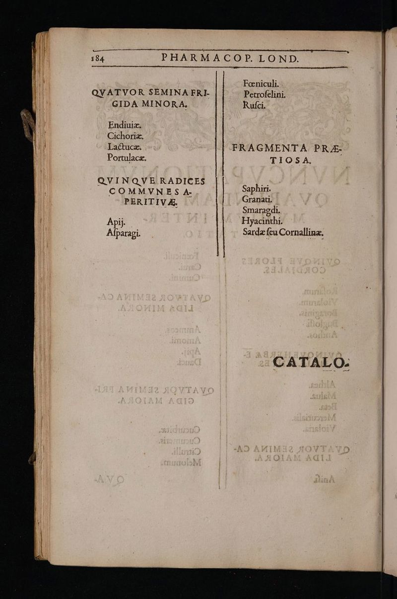 184 PHARMACOP. LOND. UM » | Foeniculi. ho QYATYOR SEMINAERI. || | Pecrofclini Wb GIDA MINORA. Rufci. Bo Endiuiz. BH | Cichoria. | | T. Lactuca. | FRAGMENTA PRAE. (10 MN Portulacz. TIO SA, | ! QVINQVE RADICES f. T COMMVNE S A. Saphir. LUE PERITIV A. Granati. ur CBE Smaraedi. MN Apij. Hyacinthi. | AH Afparagi Sarda: feu Cornallina. - CATALO.
