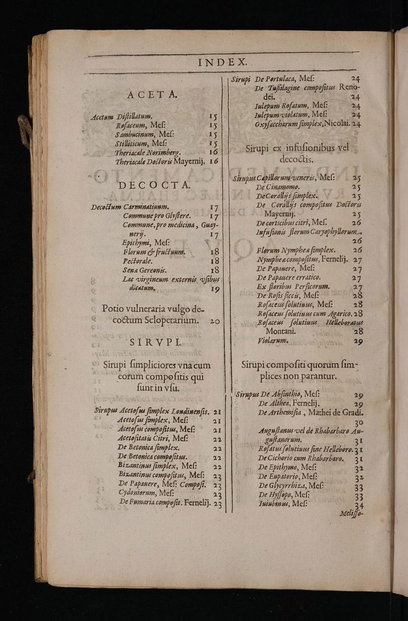 SIRE Sirup cotum compefitis qui funt in víu. - Acetofus fimplex, Mef: 21 Acetofus compofitus, Mef: 21 Acetofitatis Citri, Mef: 22 De Betonica fimplex. 22 De Betopica compofitus. 23 Bizantinus fimplex, Mef: 22 Brzantinut compofitus, Mef:/ 22 De Papauere, Mef: Compofi, 22 Cydonierum, Mef: 23 De Fumaria compofit. Fernelij. 23 I-NPDOE X. , : Sirup: De Pertulaca, Mef: 24 De Tufilagine .eompofitus. Reno- Iulepum Ro[atum, Met: 24 Acetum. Diflillatum. I5 Iulepum-cviolatum, Mef5.— — 24 Refaceum, Mef: 1y Oxy[accharum funplex Nicolai. 24 Sambucinum, Mel: 15 | Stilliticum, Met: Iy eu 1 i c Theriacale Norimberg. ......- 16 eirupi ex infufionibus V Theriacale Docforis Mayernij. 16 decoctis. | Sirupiut Capillorum veneris, Mef;. . a5 DECOCT A. | De Cinamomo. | XY IW DeCorallzs funplex. — E Decocíum Carminatiumm. I De Coralijs compofitus. Doctoris Cemmuue pro Gl»ffere. 17 Mayer. — 25 Commune, pro aeedicina , Guay- De carttcibus citri, Mef. 26 seryj. 17 Iufufionis florum Caryophyllerum.. Epitbyni, Mef: 26 - Florum e fructuum. 18 Flerum Nympbes fonplex. — 26 Pecferale. 18 Aymphea compofitus, Fernelij. 27 Sena Gereonm.— 18 De Papauere, Met: 27 Lae virgineum. externis vofibus De Papauere erratieo. 27 dicatum, 19 Ex floribzs Perficorum. 23 De Rofis fecis, Me: ^ ^. 28 Rofaceus folutinus, Mef: 28 Rofaceu folutiuus eum Agarico. 1.8 Refaceus — folutiuus .. Helleboratus Montani. 28 Vielarum. | 29 plices non parantur. Sirupus De Ab[intbio, Mef: 29 De 4Althea, Fernelij. 2 8D De Artbemifia , Mathei de Gradi. o Augu[lanus uel de Rbabarbaro xd guflanorum. 3I Rofatus folutiuts fine Helleboro. x De Cicherio cum Rbabarbaro, — 3 De Epithymo, Mef: 32 De Eupaterio, Mef: 32 De Glyeyrrbiza, Mef.— 33 De Hyf[apo, Mef: 33 Iuiubipus, Mef: |