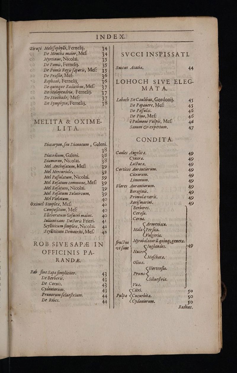 Sirapi Melijopbylii, Fernelij. 24 De Mentha maior, Mef: 24 Myrtinus, Nicolai. 35 De Pomis, Fernelij. 35 De Pomis Regis [aperis, Me: 35 De Prafíte, Met: 36 Raphapi, Fernelij, 36 De quinque Radicibus, Me: 37 De Scolopendrie, Fernelij. ^. 37 De $techade, Mef: 27 De Sympbjto, Fernelij. 38 MELITA &amp; OXIME- L LIA Diacaryon, [eu Diapueum , Galeni. ' 8 Diacodium, Galeni. 2e Diamoren, Nicolai. 39 Mel. Apthofatum, Mef: 39 Mel Mercuriale. 39 Mel Paffnlatum, Nicolai. 39 Mel Rofatum commune, Mef; 39 Mel Rofatus, Nicolai. 39 Mel Rafa&amp;um Saintivum., 39 Mel Vielatum. 4O Oximel Stmplex, Mef: jor Cempofitum, Mef:.— 40 Elleveratum Ge[neri maius. — 4o luliamizass Decferü Frieri. | 41 Seylliticum funplex, Nicolai. 42 Seylliticum Democriti, Mef. 4 ROB SIVESAP/E IN OFFICINIS P A- KAND.E. Reb iue Sapa fi pliciter. 43 De Berberiy. 43 - De Ceorpis. ! 43 CJdentorum. 43 Prunorum felneflrium. 44 De Ribes. 44 SVCCIINSPISSATI. SHcCHS I AcaCER, 44 LOHOCH SIVE ELEG- M À T A. | Lebach De Caulibus, Gordonij. 45 De Papauere, Met: 453 De Paffulis. 46 De Pino, Mef: 46 e Pulmone Vulpis, Mef: 46 anum Qo» expertum. 47 CONDIT À. ! Caules Angelica. 49 C)nar a. 49 Lacfuca. 49 Certices Aurantterum. 49 Cetrorutn. 49 Limon. 49 Fleres Aurantiorum. 49 Boraginis. 49 Primula-oeris, 49 Rortf marini. 49 l Berberes. Cerafa. Coraa. Avrmeniaca. Mala 4 Per fica. Vulgaria. 12 Mjrelalazori quinqsgenera; | di 1775 da ANuces Mofchat e. EN NO) E EANCEE Ael CHE ECL IIR RUE, | Oliua; | Hortenfia. | Prupna ; Silueffria. uae. » Ctírt. 5o Pulpa Jena $0 | Cydonierum. 5 yo