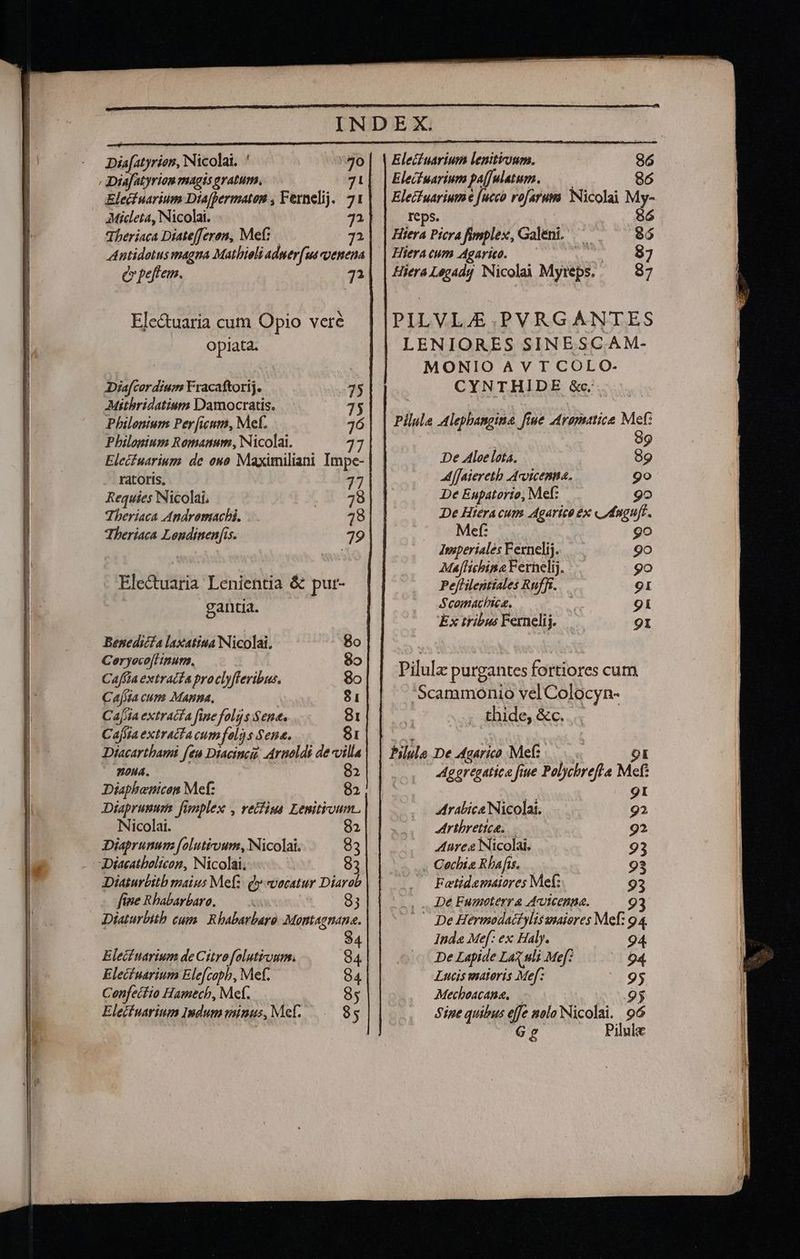 e Nicolai. ' '40 ; Diafatyriom magis gratum. 71 Elecfuarium Diafhermaton , Fernelij. 71 AMicleta, Nicolai. 33 Theriaca Diatefferon, Mef: 7A Antidotus magna Mathieli aduer[u venena Cr peftem. 7 Ele&tuaria cum Opio veré opiata. Drafcordium Yracaftorij. 33 Mithbridatium Damocratis. 45 Philenium Per[icum, Met. 46 Philopium Romanum, Nicolai. 7 Elecfuarium: de ouo Maximiliani Impe- - ratoris, 77 Requies Nicolai. .w 40 Theriaca Andromachi. 19 Theriaca Lendinenis. 79 Ele&tuaria Lenientia & put- gantia. Benedicfa laxatiua Nicolai, 8o Ceryeco[l inum. 8o Cajfla extracta proclyfleribus, 8o Casta cum Manna, 81 Caj/ia extratfa fine foljs Sene. 8i Cajiia extracta cum fel) s Sena. 81 Diacarthami [eu Diacincis Arnoldi de villa ' HOHA. o2 Diaphenicen Mef: 82 Diaprunum fimplex , veifiua Lenitioum. Nicolai. 92 Diaprunum [olutioum, Nicolai. 83 X3Diacatbolicon, Nicolai. 3 Diaturbitb maius Mefz: dy vocatur Diarab five Rbabarbaro, | 93 Diaturbith cum. Rbabarbaro Montagnane. S Elecfuarium de Citrofolutioum. 94 Elecfuarium Elefcopb, Mef. 84 Cenfeitio Hamech, Mef. 85 Elecfuarium Indumiinus, Mel... 85 Eleífuarium lenitiroum. 86 Elecfuarium paffulatum. —— 86 Elecfuarium € [uccó rofaruma Nicolai My- reps. | 86 Hiera Piera fimplex, Galeni. —— 86 Hiera eum Agarico. ! 87 HieraLecadg Nicolai Myreps. — 87 PILVL4 .PVRGANTES LENIORES SINESC.AM- MONIOAVT COLO- CYNTHIDE &c.. Pilula Alepbangine fiue Aramatice Me(: | 99 De Aloe lota. 89 4 faieretb Acvicenma. go De Enpatorio, Mef: 9o De Hteracum Agarico ex «uduguft. Mef: go Iwiperiales Fernelij. — 9o Maflichina Fernelij. 9o Peffilentiales Ruffi. 9I Scomachica. 9i Ex tribus Fernelij. 9I Pilulz purgantes fortiores cum Scammonio vel Colocyn- thide, &c.... bilule De Agarico Mef: Or Aggregatice fiue Polychrefte Met: b 9I arabica Nicolat. 92 Artbretice. 92 Aure Nicolai. 93 - Gechie Rbafis, 93 . Fatidemares Mef: 93 , .,De Fumputerra Avicenna. 93 | De Hermodactylis uaieres Mef: 94. Inda Mef: ex Haly. 94. De Lapide Lax uli Mef: ^ 94 Lucis viatoris Mef: E Mecbeacana, 1.95 Sine quibus effe nolo Nicolai. 96 Gg Pilule