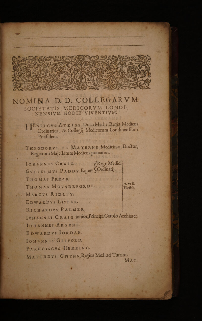 NOMINA D. D. COLLEGARVM SOCIETATIS MEDICORVM LONDI- NENSIVM HODIE VIVENTIVM. *> J • > ' f T Enricvs Atkins Doc : Mcd : Regis Medicus “ Ordinarius, & Collegij Medicorum Londincnfium Praefidens. , . A .• TT - * Theodorvs de Mayerne Medicinae Dodor Regiarum Majeftatum Medicus primarius. i ' S 1 ■ * . ' . ' ? . -• ' fi \ - y ; 7. cx8. j Ele&is, —• »0 Iohannes Craig. ?RegijMedici Gvliel.mvs Paddy Eques Thomas F r e a r. 1 . , Thomas Movndeeorde / # O ' ' , V *>. Marcvs Ridley. . -i ' ' - . . , V ' Edwardvs Lister. Richardvs Palmer. Iohannes Craig iunior,PrincipiCaroloArchiater ' _ * ' ✓ Iohannes Argent. i Edwardvs Iordan. Iohannes Gieeord, ♦ \ * Farnciscvs Herring. Matth^vs Gwynn, Regius Mcd: ad Turrim.