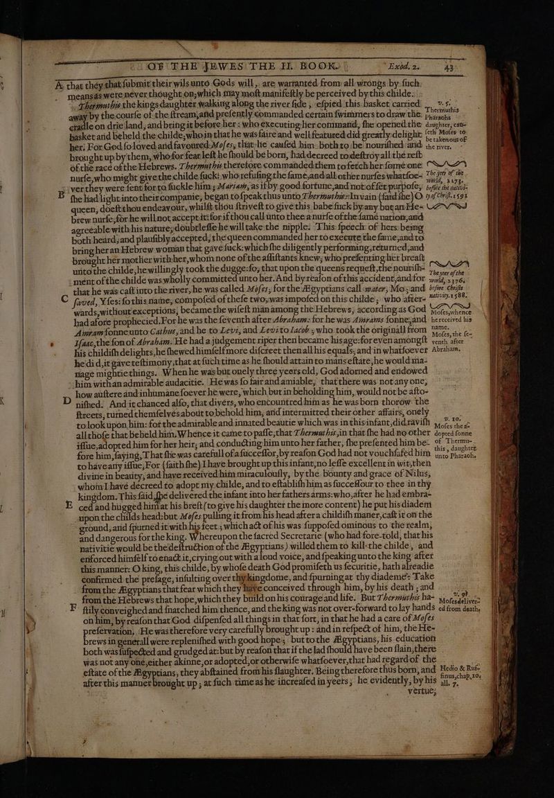 À that they that fubmit their wils unto Gods will. are warranted from: all. wrongs by fuch . meansds were never thought on; which may moft manifeftly be perceived by this childe. : dhermutlis thé kings daughter walking along the river fide , efpied this basket carried: | 9. s | away by the.courfe of the ftream,and prefently commanded certain fwimmers to draw the Ea ay cradle on drie land, and bring it before her : who executing lier command, fhe opened:the dosehte; Có basket arid beheld the childe;whojn that he wasfaireand we]lfeatured did greatly delighr: {th Motes te her; For God foloved arid favonred- Mofes, that-lie caufed him: both to :be nourithed and Mr or: brought up by them, whofor fear left he fhould be born, had.decreed rodeftroy all the reft of the race ofthe Hebrews. Thermuthis theretore commandedthem tofetchher fome one: “S70 nurfe,who might givethe childe fuck: who refufing the fame;andall other nurfeswhatfoe= 777^ of tbe iver they were fent for to fuckle him ; Marsam, as ifby good fortune,and notioffér purpofe; idée E B (he had lightintotheis companie, began tofpeakthus unto 7 hermuthixInwain (fad íhe)O 5901593 queen, doeft thou endeavour, whilft thou ftriveft to give this babefuck byany butan He: UAVS brew nurfe;for he will not accept it:forif thou call unto thee anurfe ofthe fame nationçand agreeable withhis nature; doubtleffe he willtake the nipple: ‘This: fpéech: of hers being both heard; and plaufibly accepted; the queen commanded her to execute the fame;andto bring heran Hebrew woman that gavefuck:which fhe diligently performing, returned;and brought her mother witbher,whom none ofthe affiftants knew; who prefenting her breaft unto the childe, hewillingly took tlie dugge:fo; that upon the queens reqneft,the nourifh- i | ment of the childe was wholly committed unto her.And byreafon of this accident and for i ide d that he was caftinto theriver, he was called A4ofes; for the Ægyptians call water, Mox:and before. Chrifis faved, Yfes:fothis nate, compofed of thefe two;was impofed on this childe ; who after- 79 ste wards,without exceptions, became the wifeft man among the Hebrews; according as God GENE SE had afore prophecied.For he was the feventh after Abraham: for he was Amrams fonneyand. hereceived his Amram onneunto Cathus and he to Levi, and Levito Laco ; who took the originall from $97 € Jfaac,the fonof Abraham, He had a judgement riper then became hisage:for even amongft oun ee C his childifhdelights,he fhewed himfelf more difcreet thenall his equals; and'inwhatfoever Abraham. heidid, it gaveteftimony,that at füch time as he fhould attain to mans eftate;he would ma: nage mightie things. When he wasbut onely three yeerscld, God adorned and endowed him withanadmirable audacitie. He was fo fairand amiable, that there was notany one; how auftere and inhumane foever he were, which but in beholding him, would not be afto- D Lied. And itchanced alfo, that divers, who encountred him as he was born thorow the ftreets; turned themfelvesabout to behold him, arid intermitted their other affairs, onely tolook upon him: for the admirable and innated beautie which was inthisinfant,didravifh 44 7 7. allthofe that beheld him; Whence it cameto paffe;that Thermathis,in that fhe had no other RUE iffue,adopted him forher heir; and conducting him unto her father, fhe prefented him be- of Thermu- fore him, faying, T hat fhe was carefull of'afucceffor, by reafon God had not vouchfafed him oe ee tohavearty iffue;For (faith fhe) [have brought up this infant;no leffe excellent in wit,then divine in beauty; and have received him miraculoufly, bythe bounty and grace of Nilus; vhomIhavé decreed to adopt niy.childe, and to eftablifh him as fucceflour to thee in thy ced and higged himat his breft (to give his daughter the more content) he put hisdiadem upon the childs head:but Mofes pulling it from:his head aftera childifh maner,caft it on the round, arid fpurned it with his feet ; which act of his was fuppofed ominous to the realm, and dangerous forthe king. Whereupon the facred Secretarie (who had fore-told, that his nativitie would be thedeftm&amp;tion of che Ægyptians) willed them to kill-the childe , and enforced himfelf to enact it,crying out with aloud voice, and {peaking unto the king after this manner: O king, this childe, by whofe death God promifeth us fecuritie, hath abeadie confirmed the prefage, infulting over thykingdome, and fpurning at th diademe> Take from the Ægyptians that fear which they Rave conceived through him, by his death ; and j rom the Hebrews that hope, which they build onhis courage and life. But 7 Perzuthis ha- y, eon ftily conveighed and fnatched him thence, and theking was not over-forward to lay hands ed from death; on him, by reafon that God difpenfed all things in that fort, in that he had a cate of Mofes prefervation, :He wastherefore very carefully brought up : and in refpect of him, the He- brews in generall were replenifhed with good hope; buttothe Aigyptians, his education both was fufpected and grudged at: but by reafon that if the lad fhould have been flain,there was not any oné,either akinne,or adopted,or otherwife whatfoever,that had regardof the P eftate ofthe Ægyptians, they abftained from his flaughter. Being therefore thus born, and Hedio &amp; Rs after this manner brought up ; at fuch time as he increafed in yeers; he evidently, by his D. d | | vertue; T anna LISTA eicit s : = == ES eth aut ar i eem TER P À “F- D x y va dE. à RE Ee Rd =