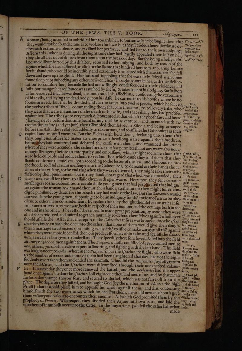oma B Sate Inde: 19,20 3 IIE world,25§26. deth the parts, and {ent them to the thors ofthat villany, nd Embaf- thofc at their heydeny to j ainft whofoever tuhtothe Ifae- the Ifraelites make an eath Neverte . match their daughters of the tribe of Benjamin,and they levy and lead out as, gainft thent- an armie of foure hun. place. The day a K. 2 Us thonfand If. in battel]. Eightcene thoufand IC raclites more Main, j^ 7.29,ad 36. he Ifraclites place onehalf: of their battel Inambufh, . and as if they fought with difadyantage; they retired by little and little,