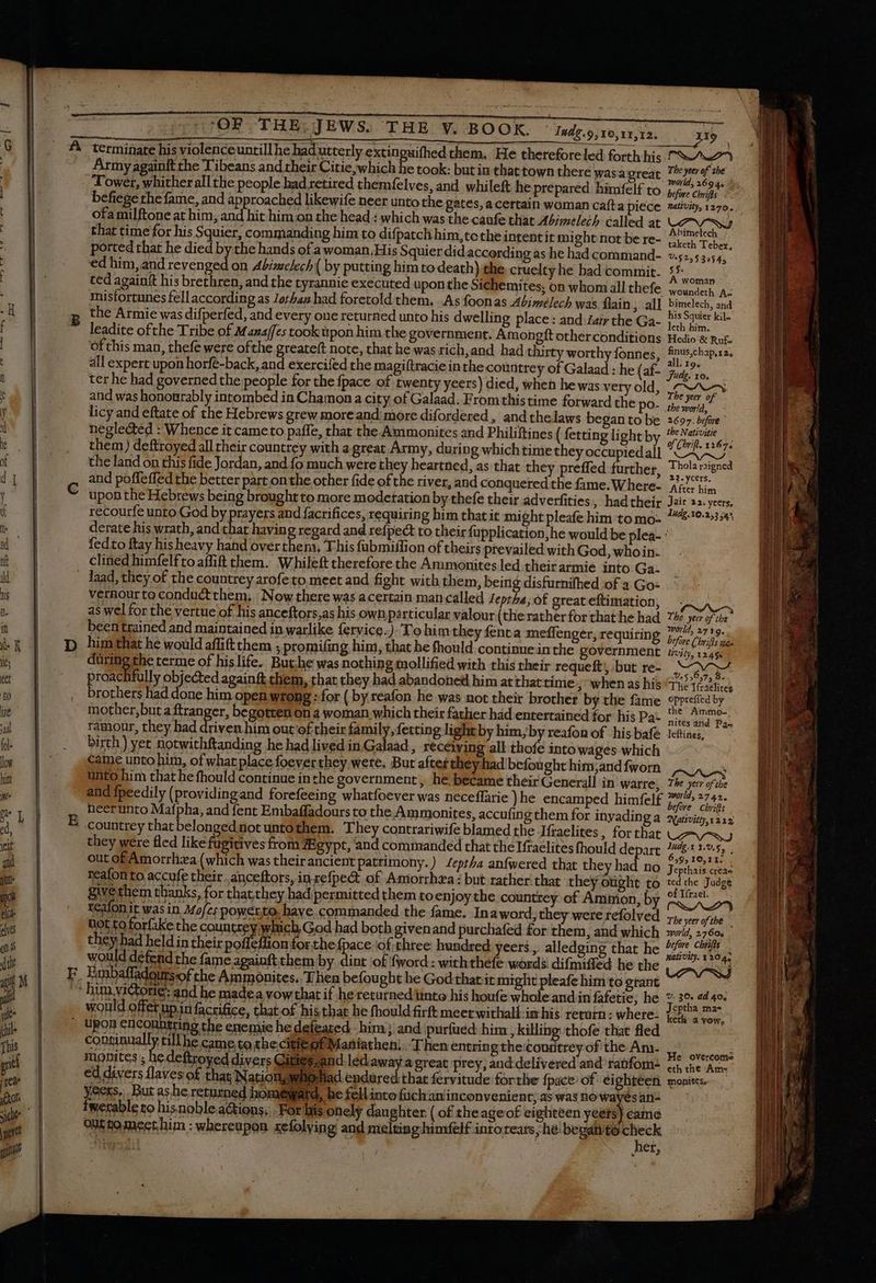 —— € —ÉÓ—— M: —— Sa 11:;0F THE.JEWS. THE V. BOOK. Iproiriz — 19. Army againft the Tibeans and their Citie which he took: but in that town there wasagreat Lei pin Tower, whither all the people had retired themfelves, and whileft he prepared himfelf to before chile  befiege the fame, and approached likewife neer unto the gates, a certain woman cafta piece saiviy, 1270. ofamilftone at him, and hit him on the head : which was the caufe that Abimelech called at Vv that time for his Squier, commanding him to difpatch him, te the intent ít might not be re- EIN ported that he died by the hands of awoman.His Squier didaccording as he had command- ».52,5 32545. ed him, and revenged on Abimelech( by putting him to death) the. cruelty he had commit. Yu ted againft his brethren, aud the tyrannie executed upon the Sichemites; on whom all thefe woundech A: misfortunes fell according as lothan had foretold them. As foon as Abimeélech was (lain , All bimelech, and the Armie was difperfed, and every oue returned unto his dwelling place : and tair the Ga- ratas. leadite ofthe Tribe of Masaffcs took upon him the government. Amongft other conditions Hedio &amp; Ruf. Of this man, thefe were ofthe greateft note, that he was rich, and had thirty worthy fonnes, tifa all expert upon horfé-back, and exercifed the magiftracie inthe countrey of Galaad : he (af- Gude. 58, ter he had governedthe people for the fpace of twenty yeers) died, when he was very old, * ; and was hononrably intombed in Chamon a city of Galaad. From thistime forward the po dead | PE > licy and eftate of the Hebrews grew more and more difordered , and thelaws began to be 2697. bee neglected : Whence it cameto paffe, that the Ammonites and Philiftines ( fetting light by VO ne them) deftroyed all their countrey with a great Army, during which time they occupiedall AZ the land on this fide Jordan, and fo much were they heartned, as that they preffed further, pets and poffeffed the better part onthe other fide of the river, and conquered the fame. Where- A6 him upon the Hebrews being brought to more modetation by thefe their adverfities, had their Jeir 22. yeers. recourfe unto God by prayers and facrifices, requiring him that it might pleafe him to mo: “419233 derate his wrath, and that having regard and refpect to their fupplication,he would be plea- : fedto ftay his heavy hand over them, This fübmiflion of theirs prevailed with God, whoin- clined himfelfto affift them. Whileft therefore the Ammonites led theirarmie into Ga. laad, they of the countrey arofe to meet and fight with them, being disfurnifhed of a Go- vernour to conduct them, ‘Now there was acertain man called leptha, of great eftimation, as wel for the vertue of his anceftors,as his own. particular valour (the rather for that he had been trained and maintained in warlike fervice.).'T'o him they fenta meffenger, requiring aloe re world, 2719. before Chrifis rae Uvilty, 12.458 during the terme of hislife. Buthe was nothing mollified with this their requeft; but re- orcaelifally objected againft them, that they had abandoned him at that tínie ; when as his brothers had done him open wrong : for ( by reafon he was not their brother by the fame mother, but a ftranger, begotten on 4 woman which their father had entertained for his Paz ramour, they had driven him out of their family, fetting light by him, by reafon of his bafe birth ) yet notwithftanding he had lived in Galaad , receiving all thofe into wages which came unto him, of what place foever they were. But after they had befought him;and fworn FII; unto him that he fhould continue in the government , he became their Generall in warre, Zhe jeer que and fpeedily (providingand forefeeing whatfoever was neceffarie )he encamped himfelf Mur prs heerunto Mafpha, and fent Embaffadours to the Ammonites, accufin gthem for inyadinga «aiv i215 countrey that belonged notuntothem. They contrariwife blamed the Jfraelites, for that they were fled like fugitives from Mgypt, and commanded chat the Iftaclites fhould depart 242135, , out of Amorrlixa (which was their ancient patrimony.) Leptha anfwered that they had no Tate teafonto accufe their anceftors, in.zefpect of Amorthæa : but rather that they otight to ted the Judge give them thanks, for thatthey had permitted them to enjoy the countrey of Ammon, by Ue 5 39575 8. The Tíraelites Opprefied by the Ammo- nites and Pa= leftines, of Ifrael. reafon it was in Mofcs powerto. have. commanded the fame. Ina word; they were refolved 7, seer ofthe hot to forfake the countrey which God had both givenand purchafed for them, and which wid, 2760. ^ they had held in their poffeflion for the fpace,of three hundred yeers , alledging that he before Chrifis would defend the fame.againft them by dint of fword : withthefe words difmelled he the wativily. Y 304. him.victorie: and he madea vowthat if he returned into his houfe whole andin fafetie, he 7 39 ad4o. would offer np infacrifice, that.of his that he fhould firft meet withall-i his return: where. 79 keth a vow, SORTEM he came to the citi&amp;ofMartiatheh;. T hen entrin gthe:couritrey of the Am. monites ; he deftroyed divers Qities;and led away a great prey, and delivered and ranfom- ed divers flaves of that Nation, whomiad endured that fervitude forthe fpace of eighteen yeess, But as he returned homeward, he fell into fuch‘aniinconvenient; as was no wayes an: He overcome eth the Ars Monitess Out tomeect him : whereupon zefolving and melting himfelf into teats ,he-beganite agit