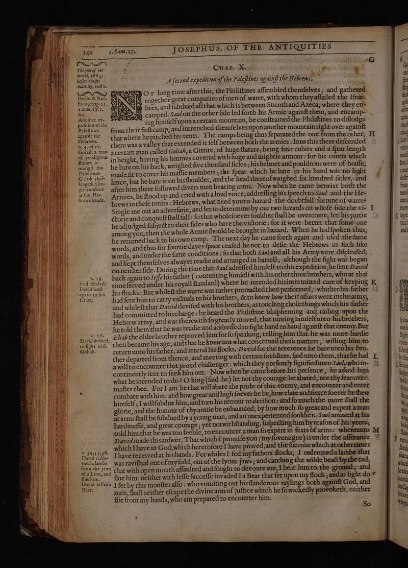 SSS ie m m em m— € 142 1.42.17. J The yeer of the i : CuaAr. Mie world, 283 3. e T4 1 , x before Chrifts A fecond expedition of the Paleftines again[H the Hebrews. Nativity, 108 1. à ATI : SY Or longtime after this, the Philiftines affembled themfelves ; and gathered NC’ i together great companies of men of warre, with whom they affailed the Ifrae- NN lites, and fubdued allthat which is between Sucothand Azeca; where they en: I camped. 5444 on the other fide led forth his Armie againftthem, and encamp- ing himfelfupona certain mountain, he conftrained the Philiftines to diflodge andintrenched themfelves upon another mountain right over againft LARD finus,chap. 1 1. IS 450,17. Le &amp;c, Another ex- edition of the . Paletins from their firft camp, s 4 di; there was a valleythat extended it felf between both the armies : Into this there defcended Goliaha man a certain man called Goliah, a Gittite, of huge ftature, being four cubits and a fpan length Denise in height, having his limmes covered with huge and mightie armour: for his curets which Packt the he bareon his back, weighed five thoufand ficles ; his helmet and pouldrons were of braffe, Palelines | made fit to cover his maffie members ; the fpear which he báre- in:his hand was: no light p ee lance, but he bare it on his fhoulder, and the head thereofweighed fix hundred ficles;: and clecombate after him there followed divers men bearing arms. Now when he came betwixt both the arthe He Armies, heftoodup and cried with aloud voice; addreffing his fpeechto' Sau! and:the He- Be brewsinthefe terms : Hebrews, what need youto hazard the doubtfull: forruneof warre? Single me out an adverfarie, and let us determine by our two hazards on whofe fideithe vi- étorie and conqueft fhallfall: fo that whofefoever fouldier fhall be overcome, let! his partie beadjudged fubjeét to their fides who have the viétorie : for it were better that fome one among’you; then the whole Armie fhould be brought in hazard: When he had fpoken thus; he returned back to his own camp: The next day he cameforth again: and ufed'tliefame words, and thus for fourtie dayes fpace ceafed henot to défie. the: Hebrews in füch like words, andundet the fame conditions : fo that both Saal andall his Army were difpleafed; and kept themfelves alwayes readie and arranged in battell:, although the fight was begun on neither fide. During the time that Sau/ adreffed himfelf tothis expedition,he fent David back again to Je/fe his father ( contenting himfelfwith hisother three brothers, whoat. that : ll ftandard) where he intended his intermitted care of keeping Ue $- Saul fendeth timeferved under hisroya David back again to his father, had fent him to carry victuals to his brothers, &amp; to know how!their affairs went inthe army, and whileft that David devifed with his brothers, as touching thofeithings which his fathér had committed to his charge : he heard the. Philiftine blafpheming and: railing:upon the Hebrew army, and was therewith fo greatly moved, that turning himfelfunto:hisbrothers, he told them that he was readie and addrefledtofight hand tohand againft that enemy:But 7.36. gliab the elder brother reproved him for fo fpéaking, telling him tliat-he- was more: hardie EI. ER then became his age, and that heknewnot what concerned thofe-matters, willinghimito Goltah. return unto his father, and intend his flocks. David for the teverénce he bare unto his-bro- ther departed from thence, and meeting with certain fouldiers, faid untothem, that he had a will to encounter that proud challenger : which they prefently fignifiedunto 544] who in- continently fent to feek him out. Now when he came before his prefence , he asked: him what heintended to do? O king (faid he) let not thy courage: be: abated; northy-fearover: mafter thee. For I am hethat willabate the pride: of this enemy; and encounter andenter n combate with him: and howgreat and high foever he be,howelateandfierce foever hefhew himfelf ; 1 willfubdue him, and turn his terrour to derifion : and fo muchthe:; more fhall the glorie, and the honour of thy armiebe enhauncéd, by howmuch fo great and expert aman at arms fhall be fubdued by a young man, andar unexperienced fouldier: Sarl amazed at his hardineffe, and great courage ; yet notwithftanding, fufpecting him'by reafon of hisyeers; told him that he was too feeble, to encounter aman foexpert in feats of arms: whereunto David made thisanfwer, That which promife you (my foveraigne)isunder the affürance which Ihave in God,which heretofore I have proved,and the fuccour which atothertimes 52H 45238: Thave receivedat hishands. For whiles I fed my fathers flocks, I redeemed 'alambe:-that medalambe was ravifhed out of my fold, out of the lyons jaws; and catching the: wilde beaft bythe tail, from the jus that with open mouth affaulted and fought to devoure me;1 beat him'to.the ground; and K L flue him. David killeda J fet by this monfter alfo : who vomiting out his flanderous raylings both againft God, and Beer. men, fhall neither efcapethe divinearm of juftice which he fo wickedly provoketh, neither flic from my hands, who am prepared to encounter him. * .So excep ( igre that! avt