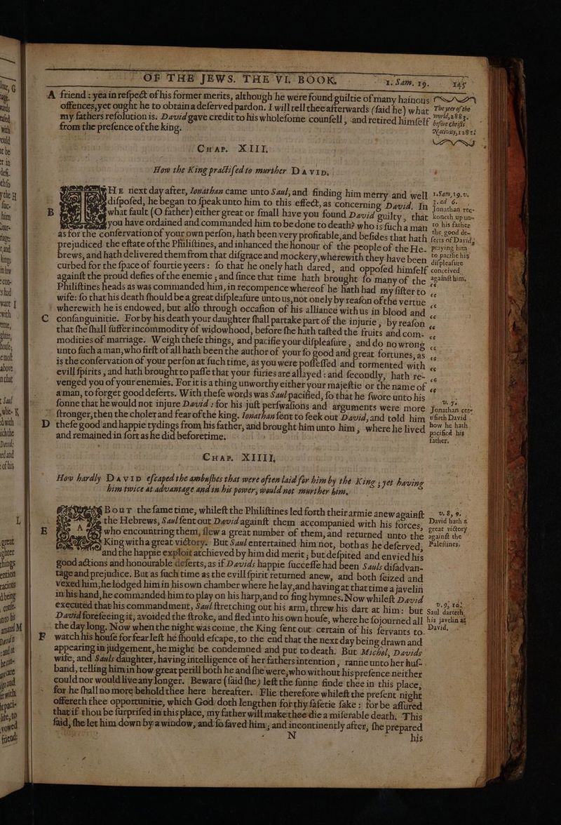 ichthe David: ed and of his D | guiltie of many hainous PT A offences;yet ought he to obtainadeferved pardon. I will rellthee afterwards (faid he) what Tyee ofthe my fathers refolution is. Dawid gave credit to his wholefome counfell ; and tetired him(el£ sea ; efore cbrifts from the prefence ofthe king. Nativity,128 và EE LAN SI Crap. X IIT, How the King practifed to murther D à vip, ET EHE next day after, lovathan came unto Saul; and finding him mérry and well '-54”,19.v. > difpofed, he began to {peak unto him to this effect, as concerning David, In tac ns Ey what fault (O father) either great or fmall have you found David guilty, that koneh upun- i oen24 you have ordained and commanded him to be done to death? who is fuch a nn às funt as for the confervation of your own perfon, hath been very profitable,and befides that hath oun | prejudiced the eftate ofthe Philiftines, and inhanced the honour of the people of the He. prying bim ^ brews, and hath delivered them from that difgrace and mockery,wherewith they have been to pacific hig curbed for the {pace of fourtie yeers: fo that he onely hath dared, and oppofed himfelf pa againft the proud defies of the enemie ; and fince that time hath brought fo many of the 2gaintthim, Philiftines heads as was commanded him, in recompence whereof he hath had my fifter to ., wife: fo that his death fhould bea great difpleafure unto us,not onely by reafon of the vertue j wherewith he is endowed, but alfo through occafion of his alliance with us in blood and confanguinitie. Forby his death your daughter fhall partake part of the injurie by reafon that fhe (hall fufferincommodity of widowhood, before fhe hath tafted the fruits andcom. - modities of marriage. Weigh thefe things, and pacifie your difpleafure, and do tio wrong unto fuch a man,who firft of all hath been the author of your fo good and great fortunes, as is the confervation of your perfon at fuch time, às you were poffeffed and tormented with evill fpirits , and hath broughtto paffe that your füries are allayed : and fecondly, hath re- venged you of your enemies, For itis athing unworthy either your majeftie or the name of aman, toforget good deferts, With thefe words was Saul pacitied, fo that he fwore unto his fonne that he would not injure David : for his juft perfwafions and arguments were moré ftronger,then the choler and fear ofthe king. Jonathan fent to feek out David,and told him thefe good and happie tydings from his father, and brou ghthimunto him ; where he lived and remained in fort as he did beforetime. | V. 7. Jonathan cere tifieth David how he hath pacified his father, CHar. XIIIT, How hardly D'av15 efzaped the ansbufhes that were often laid for bim by the King ; yet having him twice at advantage and in his power; would not murther bim. ES 7% v. 8, 9. , David hath 2 great victory againft the Paleflines; ye Bour the fame time, whileft the Philiftines led forth their armie anewagainft $5 @ the Hebrews, Sav/fentout Davidagainft them accompanied with his forces, Sj who encountring them, flew a great number of them, and returned unto the yon King witha great victory. But Sav/ entertained him not, bothas he deferved, andthe happie exploit atchieved by him did merit ; but defpited and envied his good actions and honourable deferts, as if Davids happie fucceffe had been Sauls difadvan- tageand prejudice. But as fuch time as the evill {pirit returned anew, and both feized and vexed him, helodged himin hisown chamber where he lay,and having at thattime a javelin in his hand, he commanded bim to play on his harp;and to fing hymnes. Now whileft Da4v;4 cidit executed that his commandment, $4z/ ftretching out his arm, threw his dart at him: but sad 4e David forefeeing it, avoided the ftroke, and fled into his own houfe, where he fojourned all his javelin at the day long. Now when the night was come, the King fent out. certain of his fervants to. 2^4 watch his houfe forfearleft hé fhould efcape, to the end that the next day being drawn and appearing in judgement, he might be condemned and put todeath. But Michol, Davids wife, and Sauls daughter, having intelligence of her fathersintention , ranne unto her hut. band, telling himin how great perill both he and fhe were;who without his prefence neither could nor wouldliveanylonger. Beware ({aid the) left the funne finde thee in this place; for he fhallno more behold thee here hereafter... Flie therefore whileft the prefent night offereth thee opportunitie, which God; doth lengthen forthy fafetie fake : for be affured that if thou be fürprifed in this place, my father will makethee die a miferable death, This faid, the let him down by a window, and fo faved hiny, and incontinently after, fhe prepared his “À pé TS