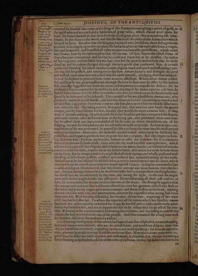 ECAZA retained for himfelf the crown of the king of the Ammonitesweighing a talent of gold, in G T! The yer ofthe’ the ridft whereof was enchafeda Satdonyxof great value, which Dauid wore upon. his be , As chips. head. He found likewife in that citie divers {poils of great price ; butas touching the inha- | yh Naivitytor4. bitants, he put them to the fword, and did the likeinall the cities of the Ammonites which | dt C773) hetookbyforce. Butafterthat the king was returned unto Jerufalem, there fella grievous | d Hedio &amp; Rut Ccident in his family upon this occafion. He had adaughter atthat time which wasa virgin, | fnus,chap.8. cc t yup i á à CON faire and beautifull, and furpaffed all otherwomenin admirable. perfe&amp;ions , whofe name | The ye of the was Thamar, born by the fame mother that A/[(a/oz was. Of her, A4;zoz the eldeft fonne of | world, 2912. | brfors Chri David became enamoured: and for that he could not enjoy her at his pleafure ( by reafon CHER E of her virginitie, and the hand that was had) over her) he grew fo melancholy that his body = dried up, and his colour changed through tbe very griefe that confümed him. A certain Hi 230-133. coufin and friend of his called Jonathan (a man of great reach and quick underftanding) pér- i e ,, ceiving that his paffion, and noting every day how 4zzezs beautie and ftrength decayed | vand walted, came unto him and asked him the caufe thereof, alledging that that indifpofi- d | tion of hisfeemed to proceed from fome amorous affection. ‘Which when Amnon confef- | fed, and how he was grown paflionate through the love he bare unto his fifter by the fathers | Jonathan fide, Jonathap fuggefted him boththe means andinventionto compaffe his defires: for he counfelled perfwaded him to counterfeit himfelf to be fick, and that if his father came to vifit him, he | Amnon how In ll he might enjoy fhould defire him to fend his fifter to minifter unto him,by which means he fhould eafily and dj. oven ea his love. ' fpeedily be delivered of his fickneffe. This counfell of his was plaufible in Avnons ears, who M ^ eut AC EA prefently counterfeited fickneffe ; and laid him down on hisbed (according as Jowathanhad . y — 3l (em P SN advifed him:) and when David was come to vifit him,he required him to fend his fifter unto i| lisp ae meat him, which he did. She being arrived, he prayed her, that with her own hands, fhewould || fan AR temper, and fry fome fritters tor him, becaule they would the more content him, if they | da CUM were of herown making: for which caufe fhe in her brothers prefence tempered the flowre, | wi i and made certain cakes and friedthem inthefrying pan, and prefented them unto him: log XR UE but he tafted them not, but commanded all hisfervants to retyre themfelves out of his i} te P nu lodging, becaufe he intended to take his reft without noife or trouble. Asfoon as this com- IET | li : n mandment of his was performed, he prayed his fifter to bring tlie meat into his moft retired il it Mee th v.12,13. and privie chamber : whereunto the damofel condefcended : whereupon he fuddenly fur. 1] flee ‘Amnon per- set his. Prifed her, and began tq perfwade her, to grant him her company. But the virgin exclaim- K |p bev wac 1 i fiftertofub- 1g, faid unto him : Forbear, my brother, forbear to offer me violence: for it is a hainous (an I mirtohisluf. finne to perpetrate fo foule afact.. Give overthisthy moft hatefull concupifcence, which do thre il CAN ‘nding will breed nought elfe but difgrace and infamie to our whole familie ; or if thou haft not the Jl toth LM nis Gtterseesidky power to refift the fame, require me at my fathers hands, and extort not mine honour from Hl had E || DE. véclageth hem” me by force. But he inraged with love,neglectedall thefe fayings,and wholly poifoned with I^ bya UB UU the fting of difordinate paflion, ravifhed and violated her, notwithftanding all her refift. J| ti VU EOM Andafloon as he had aflaked his luftfull defire;a certain hatred entred into his heart, which | font extorted from his mouth many injurious words againft Thamar : fo that he commanded her I. fn bug ui od to atife and depart.She ok ala (on thi ; senate qu iage was Vat oper? en net Il ofth ee all mer ; forthat having violated her,he would not fuffer her to remain there untill night time, TEM Hi | ie EEG butthruft her out incontinently by day time, and during the light, tothe end fhe might -3 i  | is pn d meet with fuchas mightteftifie her difhonour: Notwithftanding all thefe juft reafons of 1h dr bro et hers, lie commanded his fervant to drive her out of the doors. She ftrangely aggrieved at if we au the outrage and violence that had beene offered her, tore her garment (which was füch as mí JEANS the noble and princely virgins were wont to weare) and ftrewed afheson herhead, running ila | | TB thorow the Citie with cries and lamentations, wherein fhe expreffed what wrong had been  Tb done unto her. With her thus diftraéted, her brother 4/a/on met, enquiring of her what Wi | Ep v.40.11, eVill hap had befallen her. To whom fhe reported all the injurie which her brother 4702 iy AMEN Abfaloncom- had done her: whereupon he exhorted her to pacis hes sea a or: ie iat NU tm Mi forsthhisf- foeverhad befallen her; and not to fuppofe herfelf to be indignified by an act of her bro- l| Pin ea bor à ther. Whereupon fhe condefcended, prine her exclaims, and furceafng to publifh the  | 70 Ded Abíslon invi- injuries fhe had received in the ears ofthe people. And thus remained fhe along time with EU TN) Ghd brethren Ber brother 42f2/oz in the qualitie of a widow. | | NU I|. di i tohis fheep- — David having intelligence of that which had hapned,was fore difpleafed,notwithftanding WI be, vy) mense he loved Ammon very entirely, who was his eldeftfonne, and would not difquiet him: but 1) the 14 | hisfervantsto 46/alon hated him extremely,expecting (without any word fpeaking) for fome fit opportu- NM { WIN -kill Amnon, nitie, whereimhe might revenge himfelte onthe ravifher. ‘Now when astwo yeers were ex. || ud Py | ET 5A with piredfince hisfifter was both derided and :deflowred; it chanfed that 44/4lom intending a tii 1 QUEM. wne&amp;hep. fheep-fhearing in Belfephon, a Citie ofthe tribe of Ephraim, invited his fatherandbrethren — |. ud, to 3 : | Î hill 1 L