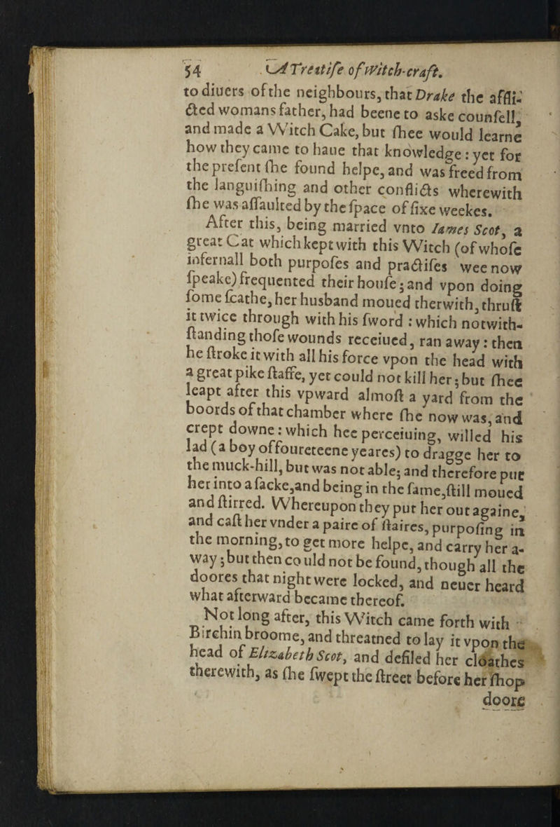 todiuers of the neighbours, that Drake the affli-' died womans father, had beeneto aske counfell and made a Witch Cake, but fhee would learne how they came to haue that knowledge: yet for the prefent Ihe found he!pe,and was freed from the ianguifhing and other confli&s wherewith lhe was affaulted by thefpace of fixe weekes. After this, being married vnto Itimes Scot, a great Cat which kept with this Witch (ofwhofc infer nail both purpofes and pradifes wee now jpeake) frequented their boufe5and vpon doing iome kathe, her husband moued therwith thruft it twice through with his fword .‘which notwith¬ standing thole wounds receiucd, ran away: then he ftroke it with all his force vpon the head with a great pike ftaffe, yet could not kill her • but fhec leapt after this vpward almoft a yard from the boords of that chamber where fhe now was, and crept downe: which hec pcrceiuing, willed his lad (a boy offoureteencyeares) to dragge her to the muck-hill, but was not able; and therefore puc her into a facke,and being in the fame,ftill moued and fhrred. Whereupon they pur her out againe, and call her vnder a pairc of ilaires, purpofing in the morning, to get more helpc, and carry her a- way ;but then co uld not be found, though all the doores that night were locked, and neuer heard what afterward became thereof. Not long after, this Witch came forth with Birchrn broome, and threatned to lay it vpon the head ol Eliz&beth Scot, and defiled her cloathes tnerewith, as fhe fweptthe flreec before her fhop doore