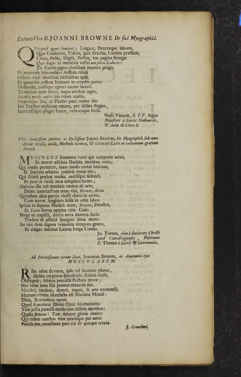 Eximio Viro P.JOANNI BROWNEPe/»^ Myographil (* , agunt homines ; Lingu2e, Dextrasque labores, ^ B Cerebrum, Vultus, qu^ Brachia, Lumina prasftant, \ M Crura, Pedes, Digiti, Pedius, tua pagina ftringit. QuiC Regio in membris vellri non plena Laboris ? Tu Carnis pigrx clariffima munera pingis^ ^ Et macerata luto meliori fruftula rubra Oiiiciis vito: monftras 1'ublimibus apta, Et quantum pollent humano in corpore partes Molliculae, cralTique agitat i'mente lacerti. Tu medias inter fibras, inque artubus aegris, Gccidui motus voftri das vilere caufas, ’ •, ' Tcrpetuique Tui, ut Phcebo patri comes ibis Per Traclus mufarum omnes, per difTita Regna, ImmcnEafque plagas Famae, ventur^ue fecla. Nath. Vincent, S. T.P. Regite Majejlati a Sacris Ordinariis, ^ Aulae de Clare S. Viro Amicifmo pariter ac Do^ifmo Joanni Browne, De Myographih fuh nunc denuo recufi, autU, Methodo natur te, & Civitate Latii in exterorum gratiam donati. MV SCV LV S humanos varie qui temperat artus, Et movet aiTiduis Daedala membra rotis; Qiai modo permittit, laxas modo curtat habenas, , : • , £t fpatium arbitrio conficit omne tuo ,* ' Qui flandi praebet caufas, caulafque fedendi, :r Et jacet in viridi mox refupinus humo j .. Mujculus ille tu^ tenebris exutus ab arte, ‘ Debet inextindlum nunc tibi, Browne, diem. Quondam alios patriis vicifti clarus in armis, Cum novus Angliaco fulfit in orbe labor. Ipfum te fuperas Medica nunc, Browne, Pafeftr^, Et Latio fervas optima vina Cado. Perge ut coepifti, dodlo nova munera feclo Tradere & aflidu^ fparjgere dona manu: Sic tibi dent dignos venientia tempora grates, Et cingat meritas Laurea longa Comas. ^ Jo. Turnerj olim e Societate Chrtfli apud Cantahrigienfes , Mojocomio D. Thomae a Sacris ^ Caeremoniis, e Ad Peritijfimum virum Dom, Joannem Browne, in Anatomen ejus MVSCV LAREM. REx olim & vates, ipfo vel Numine plenus. Abdita corporete fpeculando femina molis, Obftupuit j fubitus percuflTit Pedlora terror j Nec bene nota fibi poterat liiiracula fari. ^ * MirificA, tandem, dextri, inquit, & arte tremendi,’ Humani vivens fabrefadla eft Machina Mundi: Dixit, & attonitus tacuit. Quod fi cenfetur Divini Opus Alcimedontis Tam juftis junxifie modis tam diflbna membra j Qualis Brbwne! Tuae debetur gloria dextric Qui cultro cundlos vitae motufque per artus Pandis iter, monftrans pars cur fit quaeque creata. <