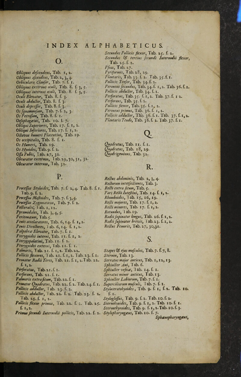 INDEX ALPHABETICUS. o. Ohliquus defcendenSi Tab. i, x. Obliquus dfcendenSy Tab. x, 3,4. Orbicularis Claufor, Tab. 7. f. i. ^ Obliquus externus oculi^ Tab. 8. f. 3, q. Obliquus internus oculi^ Tab. - 8. f. 3, q. Oculi Elevator^ Tab. 8. f. 3. Oculi abdudior^ Tab. 8. f. 3. Oculi deprejfor^ Tab. 8. f. 3.-^ - Os fquarnmojum, Tab. 7. f. x, 3. Os Petrofum'^ Tab. 8. f. i. OefophagaiuSy Tab. 10. f; 7. Obliqui Superiore^y Tab. 17. f. i, x. Obliqui Inferior es y Tab. 17. f. i, 2.* Odlaviu humeri Placentiniy Tab. 19. Os occipitalisy Tabi 8. f. i. Os Humeriy Tab. 19. Os Hyoidesy Tab. 9. f. x^ OJfaPuhiSy Tab, x7,jx. Obturator externusy T ab. X9,30, 31, yi- Obturator internus y Tab. 3X. T: Proceffus Styloidesl^ob. 7. f. x, 4. Tab. 8. f. i. 1 ab. 9. f, 1. Trocejfus Majloidesy Tab. 7. £3,4. Procejfus TygomaticiiSy T ab. 7. f. x. PeB:oralis'y ] ab. i, 12. PyramidaleSy T ab. 3) 4, 5'* Peritonaeum y Tab. 5. Penis accelaratores y Tab. 6y 14. f. 1^2. PenisDireltoreSy J ab. 6,14. f. i,’x. Palpabr(E Elevator y Tab. 7. f. i. Pterygoidei interni y Tab. 11. f. I, 1. Pterygopalatiniy Tab. ii. f. x. pterygoidei externi y Tab. ii. f. i. PalmariSy Tab. xi. f. i,x. Tab.xx, Pollicis flexoreSy Tab. xi. f. i, x. Tab. 23. f. i. Pronator Radii TereSy Tab. xi. f. i, x.Tab. xx. f.i,x. PerforatuSy Tab. 21. f. i. PetforanSy Tab. xi. f. i. Palmaris extrafitum, Tab. xx.f. i. Pronator OuadratuSy Tab. xx. f. x. Tab. 24. f. i. Pollicis a^uHory f ab. 23. f. x. Pollicis (Adulory Tab. xx. f. x. Tab. 23. f. x. Tab. 25. f. I, X. Pollicis flexor primusy Tab. xx. f. 2. Tab. xfT. £ 1,2. Primus fecundi Internodii pollicis y Tab. xx. f. x. Secundus Pollicis fiexory Tab. 25'. f. x<. Secundus ^ tertius fecundi Internodii flexor^ ’ Tab. x^. f. X. Pfoasy Tab. 27. PyriformiSy T^b. x8, 29. Piant aris y Tab. 3 3. f. x. Tab. 3 5. f. i. Pollicis Tenfory Tab. 34. f. x. Peroneus fecundus, Tab. 34. f. i, x. Tab. 36. f. i. Pollicis abducor, Tab. 34. f. i. Perforatus, Tab. 35'. f. i,x. Tab. 37. f. i x. Perforans, Tab. 3 5. f. x. Pollicis flexor, Tab. 35. f. i, x. Peroneus primus, Tab. 36. f. i, x. Pollicis addutlor, TS,b. 36. f. i. Tab. 37. f. i,x. Plantaris Tendo, Tab. 38. f. x. Tab. 37. f. i. 0. Quadratus, Tab. ii. f. i. QmdratuSy Tab. i8, 29. Quadrigeminus, Tab. 32. R. Relius abdominis, Tab. x, 3, 4. Remorum intexfediones, Tab. 3. Relli extra fitum, Tab. j. . Pars Relli Inteftini, Tab. 14. f. I, x* Rhomboidesy lab. iq, 16, 1^. Redi majores, Tab. 17. f. i, 2. Redi minores, Tab. 17. f. i,x. Rotundus, , Radii fupinator longus, Tab. x6.f.l, x. Radii fupinator brevis, i ab. 23. f. i, x. Redus Femoris, Tab. 27, 30,31. s. Stapes ejus mufculus, Tab. 7. f. 7,8. Sternon, Tab. 13. Serratus major anticus, Tab. 1, ix, 13. Sphinder Ani, Tab. 6. Sphinder veficte, lab. 14. f. i. Serratus minor anticus, Tab. 13. Sphinder Labiorum, Tab. 7. f. i. Superciliarum mufculi, Tab. 7. f. I. Styloceratohyoides, Tab. 9. £ £ x. Ttb. IO. £ I. Stylogloffus, Tab. 9. £ X. Tab. lo. £ x. Sternohyoides, Tab. 9. £ i, x. Tab. io< f. i. Sternothyroides, Tab. 9. £1, x* Tab. lO. f. 3. Stylopharyngceus, Tab. 10. £ 7. SphanopharyngtBuSy