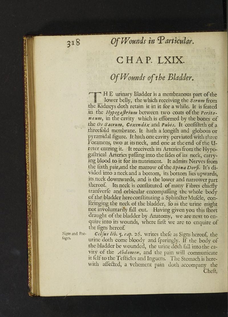 iv VAIN, VLA, VA IIMA OT 0h nee ee > P yy, STS STN LN N/E ESS Np ne Y Signs and Pre- fages. OF Wounds in Particular. CHAP. LXIX. Of Wounds of the Bladder. , HE urinary Bladder is a membranous part of the 8 lower belly, the which receiving the Serum from the Kidneys doth retain it in it for a while. It is feated in the Hypogaftrinm between two coats ofthe Perito- #éum, in the cavity which is efformed by the bones of the Os Sacrum, Coxendix and Pubis. It confifteth of a threefold membrane. It hath a longifh and globous or pyramidal figure, It hath one cavity perviated with three Foramens, two at itsneck, and one at the end of the U- reter entring it. “It receiveth its Arteries fromthe Hypo- galtrical Arteries pafling into the fides of its neck, carry- ing blood to it for itsnutriment. It admits Nerves from the fixth pair,and the marrow of the Spiza Dorf. It’s di- vided into aneck and a bottom, its bottom lies upwards, its neck downwards, and is the lower and narrower part thereof. Its neck is conftituted of many Fibres chiefly tran{verfe and_orbicular encompafling the whole body of the bladder hereconftituting a Sphin@er Mufcle, con- {tringing the neck of the bladder, fo as the urine might not involuntarily fall out. Having given you this fhort draught of the bladder by Anatomy, we are next to en- quire into its wounds, where firlt we are to enquire of the figns hereof. Celfus lib. 5. cap. 26. writes thefe as Signs hereof, the urine doth come bloody and {paringly. If the body of the bladder be wounded, the urine doth fall into the ca- vity of the Abdomen, and the pain will communicate it felf to the Tefticles and Inguens. The Stomach is here- with affected, a vehement pain doth accompany the Cheft,