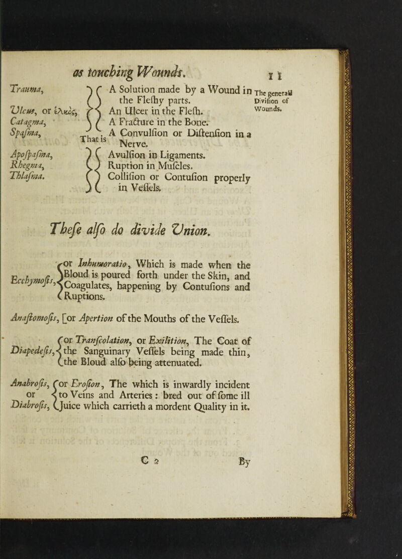 Trauma, Ulcus, or £a Kof9 Catagma, Spafmay Apofpaftna, Rhegma, Thlafma. A Solution made by a Wound in the Flefhy parts. An Ulcer in the Flefti. A Fra&ure in the Bone. A Convulfion or Diftenfion in a Nerve. Avulfion in Ligaments. Ruption in Mulcles, Colliflon or Contufion properly in Veflels. Theje alfo do divide ZJnion. vor Inhumoratio, Which is made when the Vrthumnlt, JBIoud is Poured forth under the Skin, and ^ J ’^Coagulates, happening by Contufions and C Ruptions. Anaftomofts, [or Apert ion of the Mouths of the Veflels. * C or Tranfiolation, or Exilition, The Coat of Di ape clefts, < the Sanguinary Veflels being made thin, (.the Bloud alfb being attenuated. Anabrofts, Tor Erofton, The which is inwardly incident or s to Veins and Arteries: bred out of fome ill Diabrofts, (.Juice which carrieth a mordent Quality in it. C ^ The generaU Divifion of Wounds. By